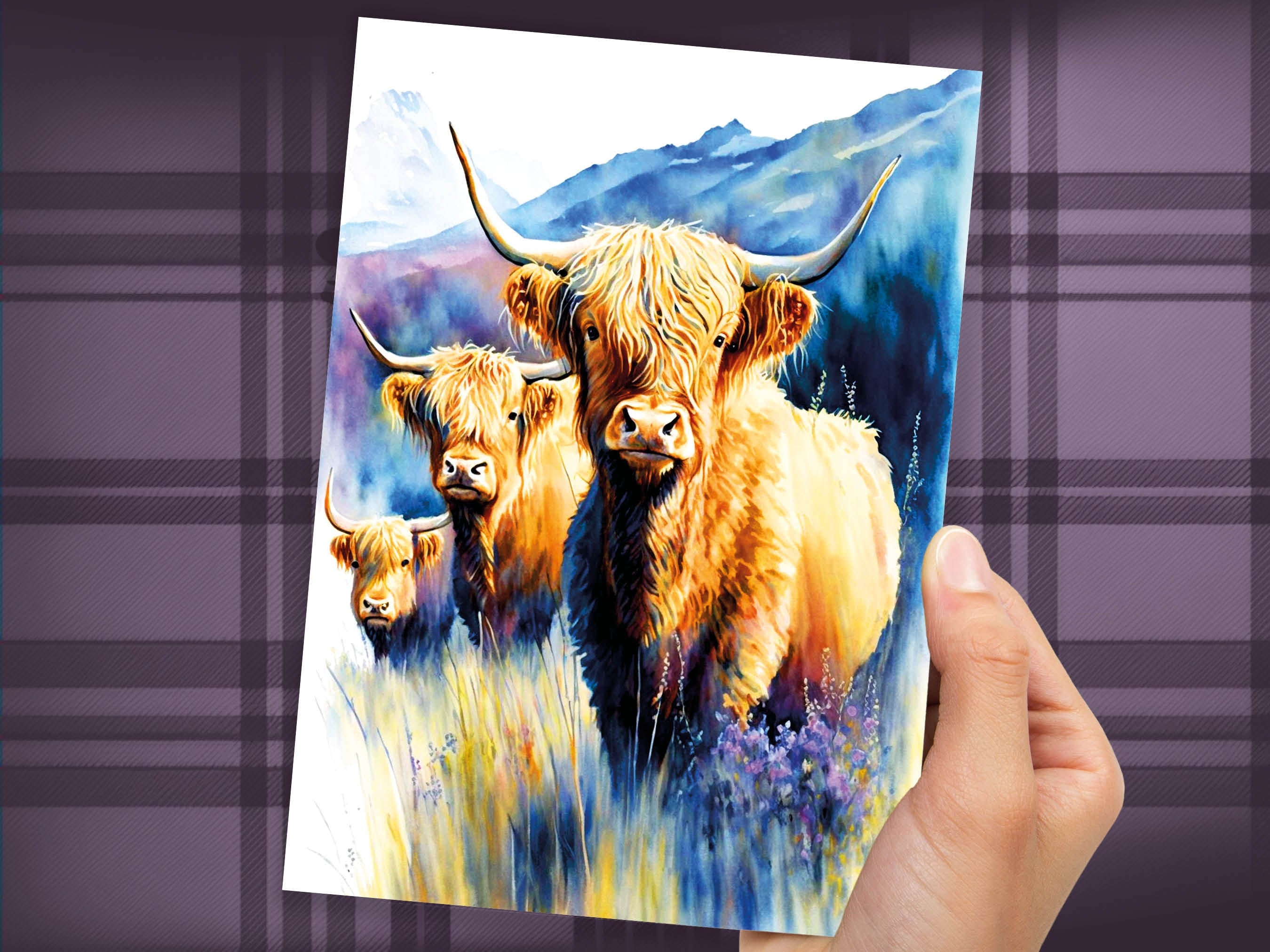 Watercolour Highland Cows Summer Card Scottish Heather Field Mountain Landscape Mother's Day Birthday Mum Mom Mummy Rustic Cow Lovers Cards