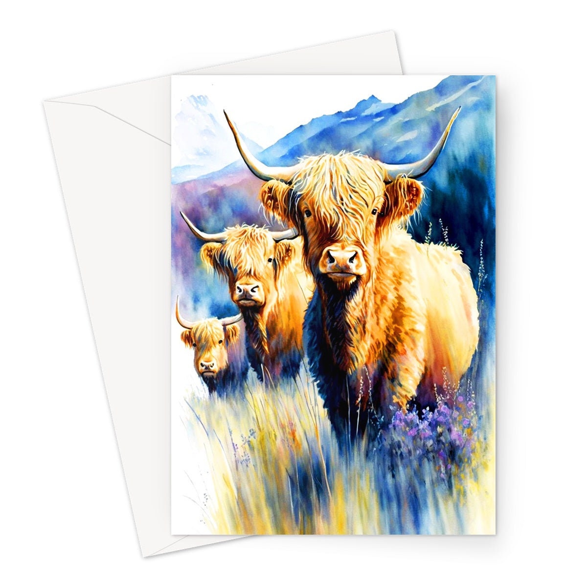 Watercolour Highland Cows Summer Card Scottish Heather Field Mountain Landscape Mother's Day Birthday Mum Mom Mummy Rustic Cow Lovers Cards - View 2