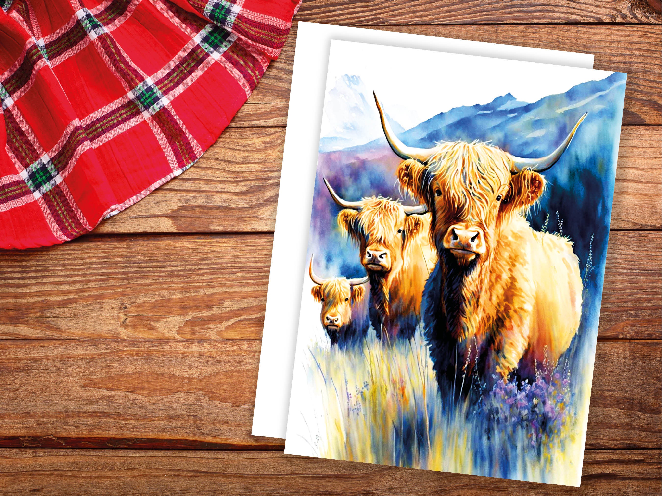 Watercolour Highland Cows Summer Card Scottish Heather Field Mountain Landscape Mother's Day Birthday Mum Mom Mummy Rustic Cow Lovers Cards - View 4