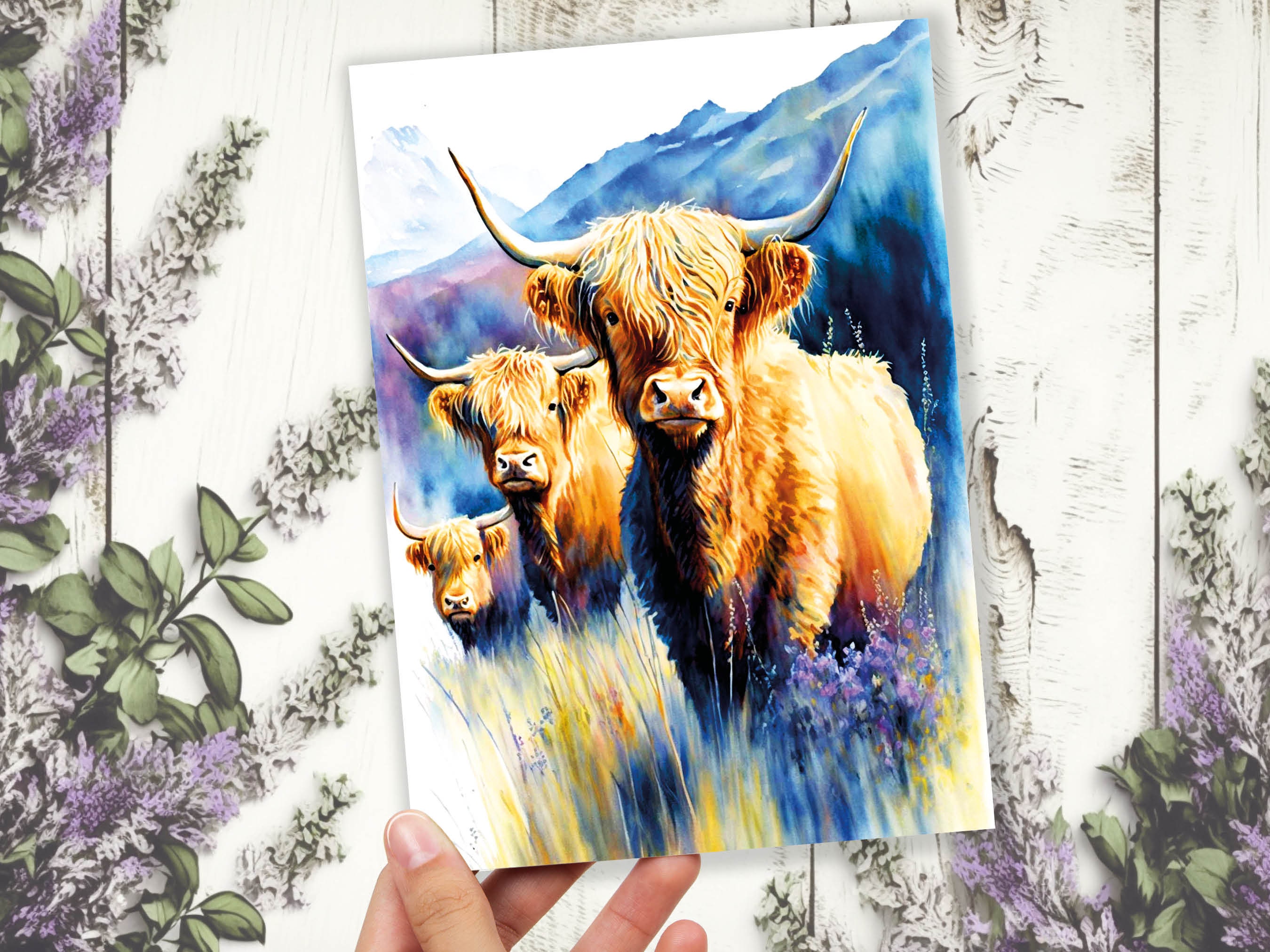 Watercolour Highland Cows Summer Card Scottish Heather Field Mountain Landscape Mother's Day Birthday Mum Mom Mummy Rustic Cow Lovers Cards - View 5