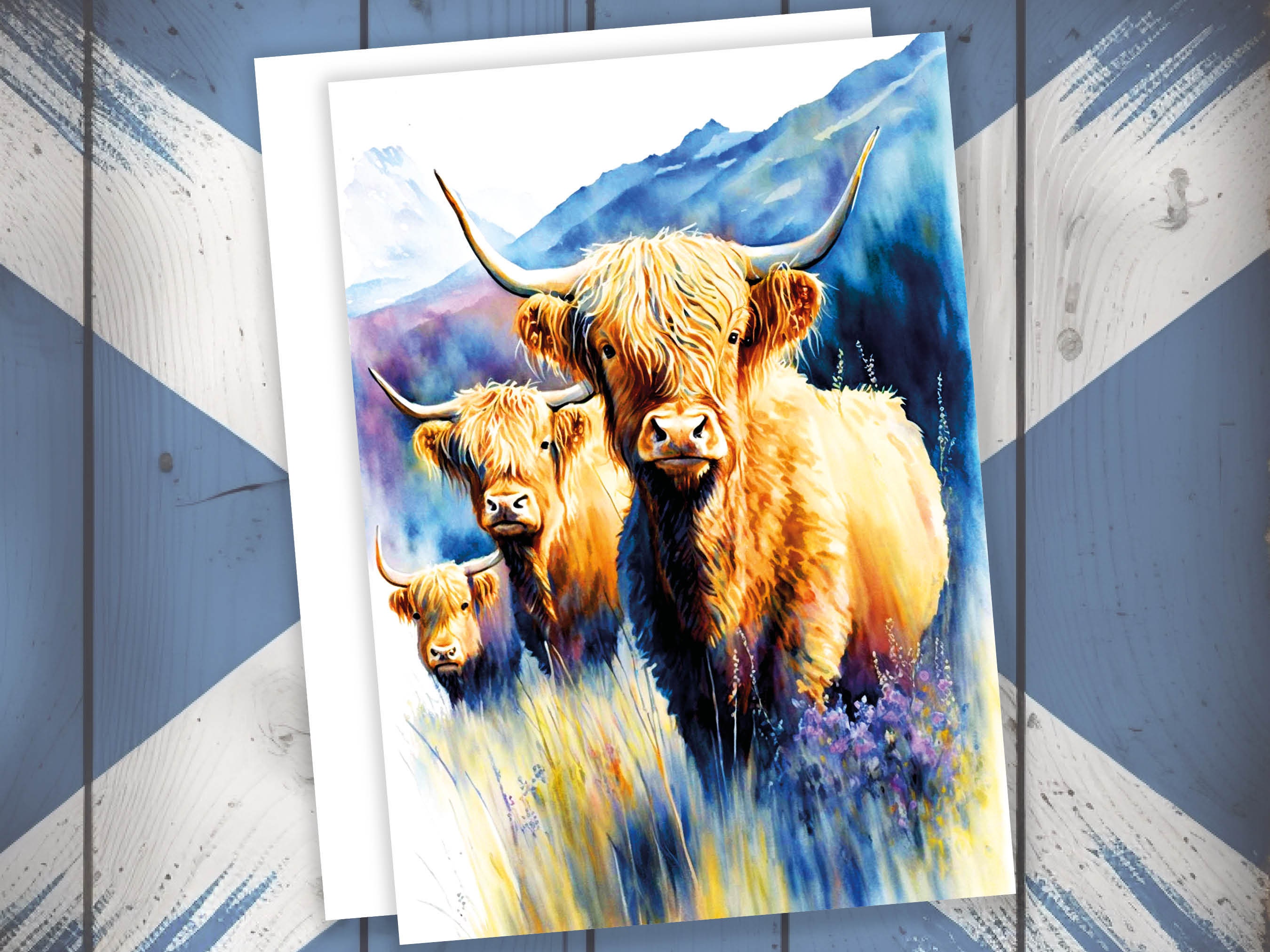 Watercolour Highland Cows Summer Card Scottish Heather Field Mountain Landscape Mother's Day Birthday Mum Mom Mummy Rustic Cow Lovers Cards - View 6