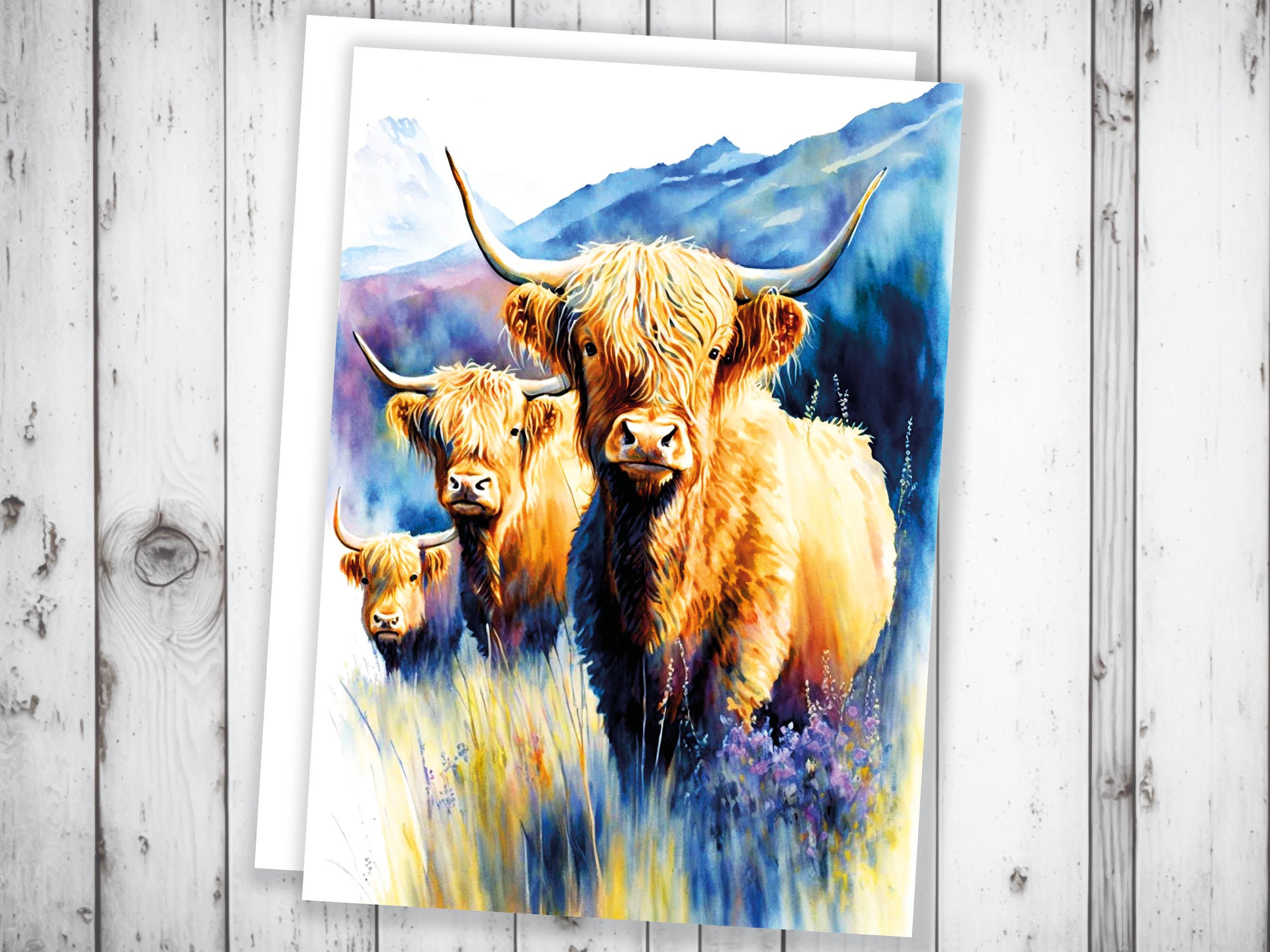 Watercolour Highland Cows Summer Card Scottish Heather Field Mountain Landscape Mother's Day Birthday Mum Mom Mummy Rustic Cow Lovers Cards - View 7