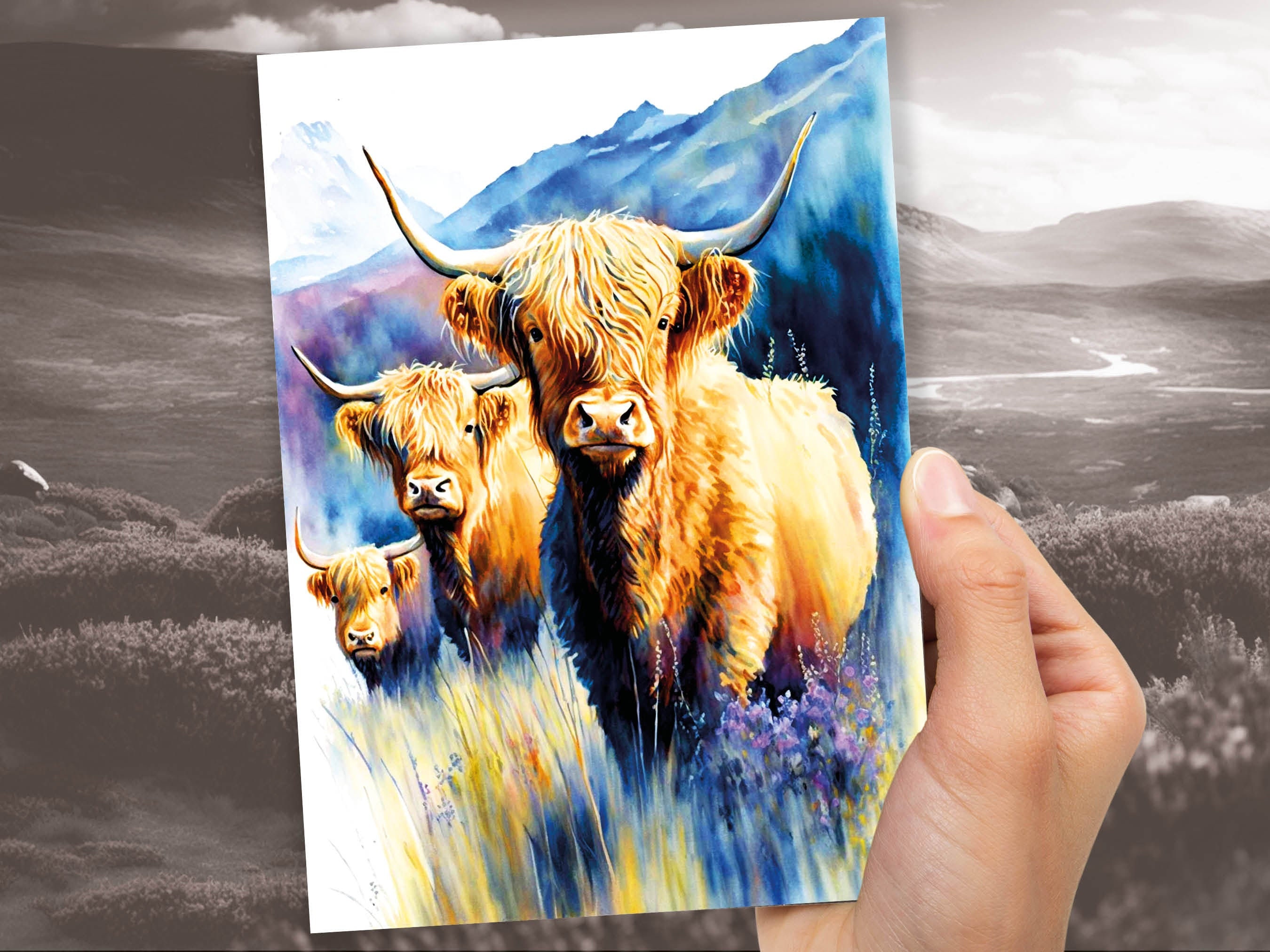 Watercolour Highland Cows Summer Card Scottish Heather Field Mountain Landscape Mother's Day Birthday Mum Mom Mummy Rustic Cow Lovers Cards - View 8