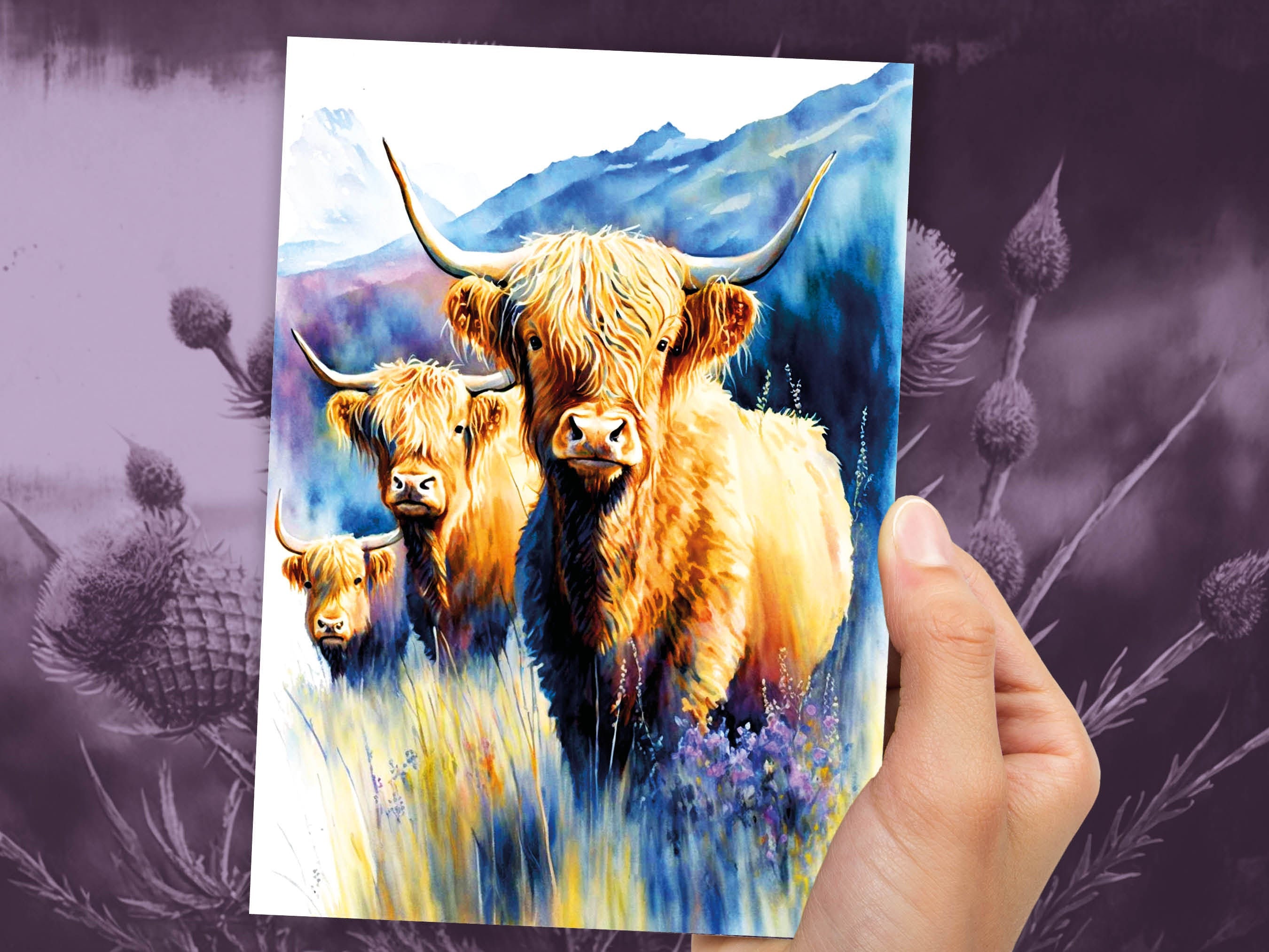 Watercolour Highland Cows Summer Card Scottish Heather Field Mountain Landscape Mother's Day Birthday Mum Mom Mummy Rustic Cow Lovers Cards - View 9