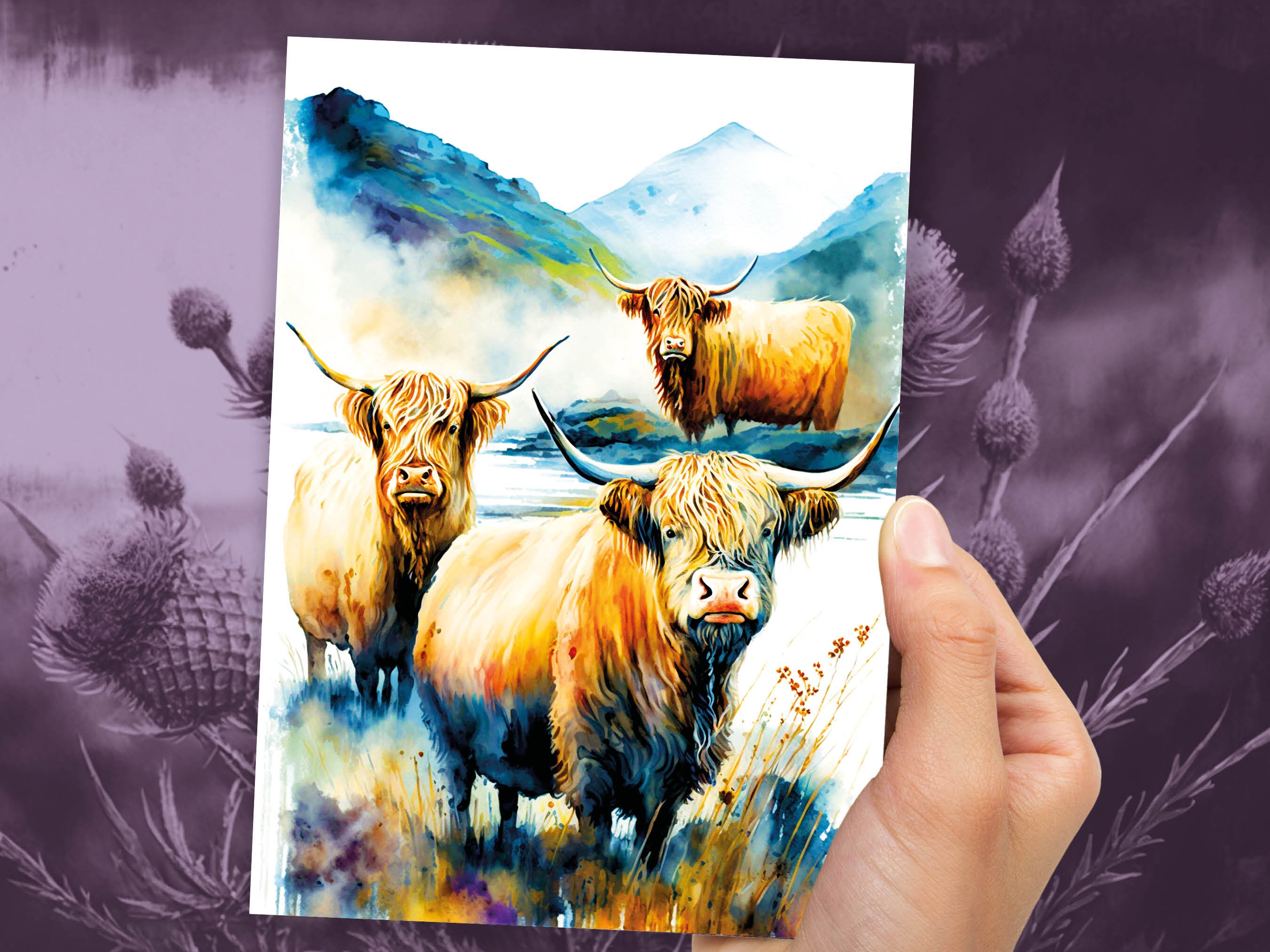 Watercolor Highland Cow Greeting Card Summer Landscape Nature Lovers Cow Enthusiasts Scottish Countryside Birthday Thank You Just Because - View 10