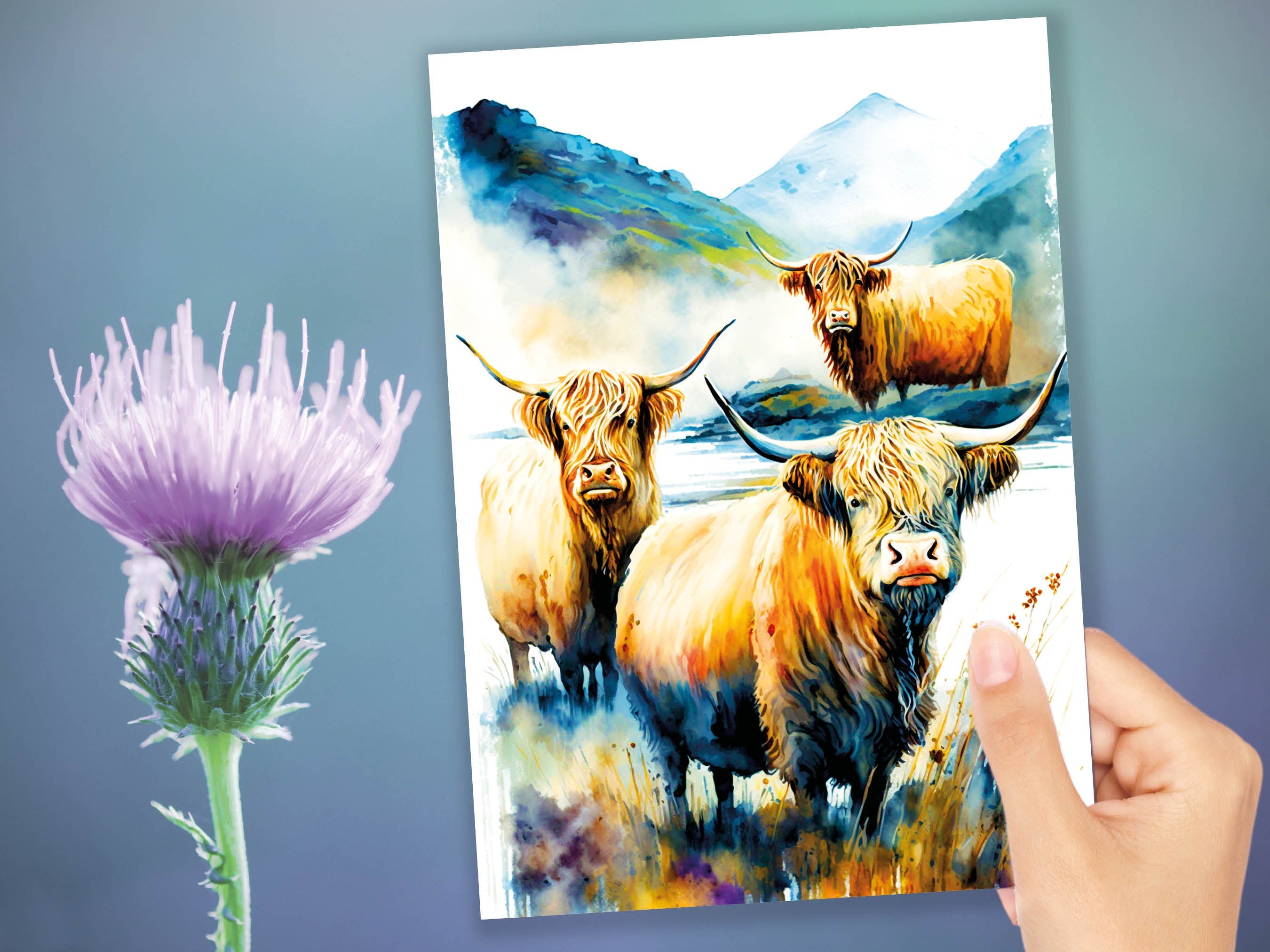 Watercolor Highland Cow Greeting Card Summer Landscape Nature Lovers Cow Enthusiasts Scottish Countryside Birthday Thank You Just Because