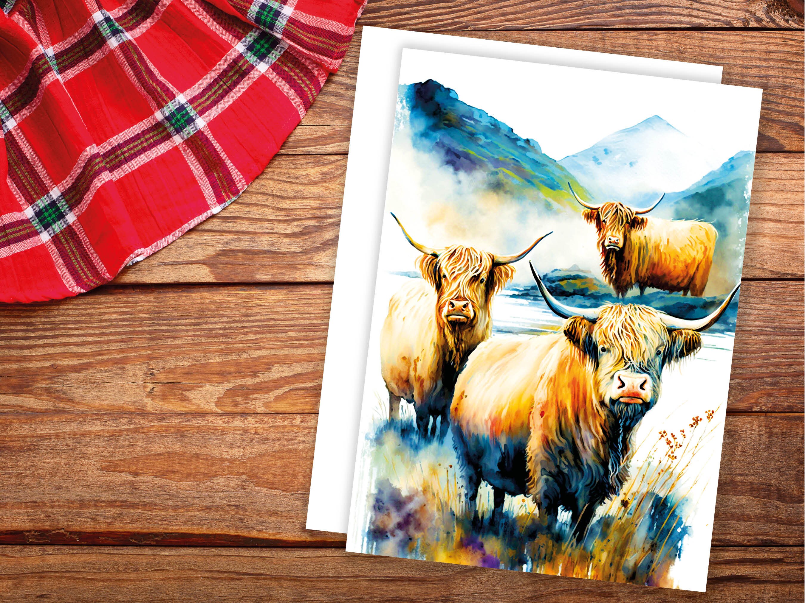 Watercolor Highland Cow Greeting Card Summer Landscape Nature Lovers Cow Enthusiasts Scottish Countryside Birthday Thank You Just Because - View 2