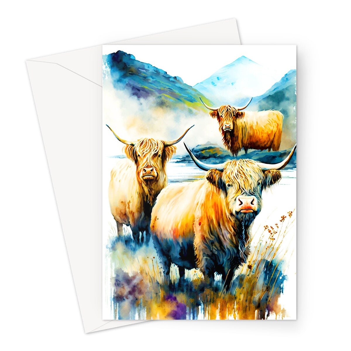 Watercolor Highland Cow Greeting Card Summer Landscape Nature Lovers Cow Enthusiasts Scottish Countryside Birthday Thank You Just Because - View 3