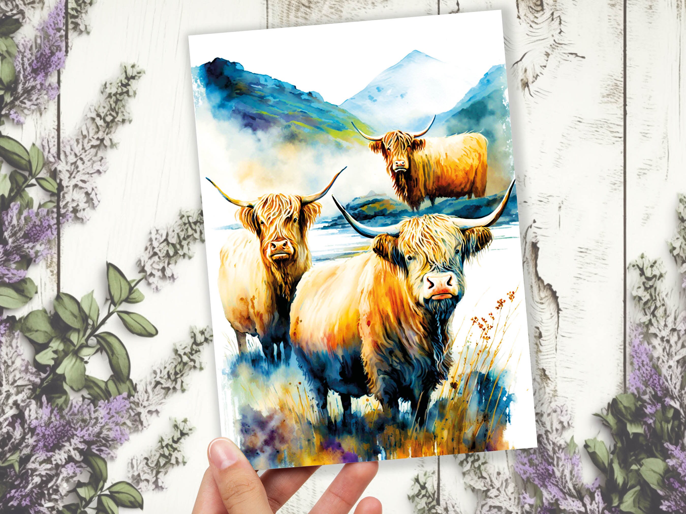 Watercolor Highland Cow Greeting Card Summer Landscape Nature Lovers Cow Enthusiasts Scottish Countryside Birthday Thank You Just Because - View 5