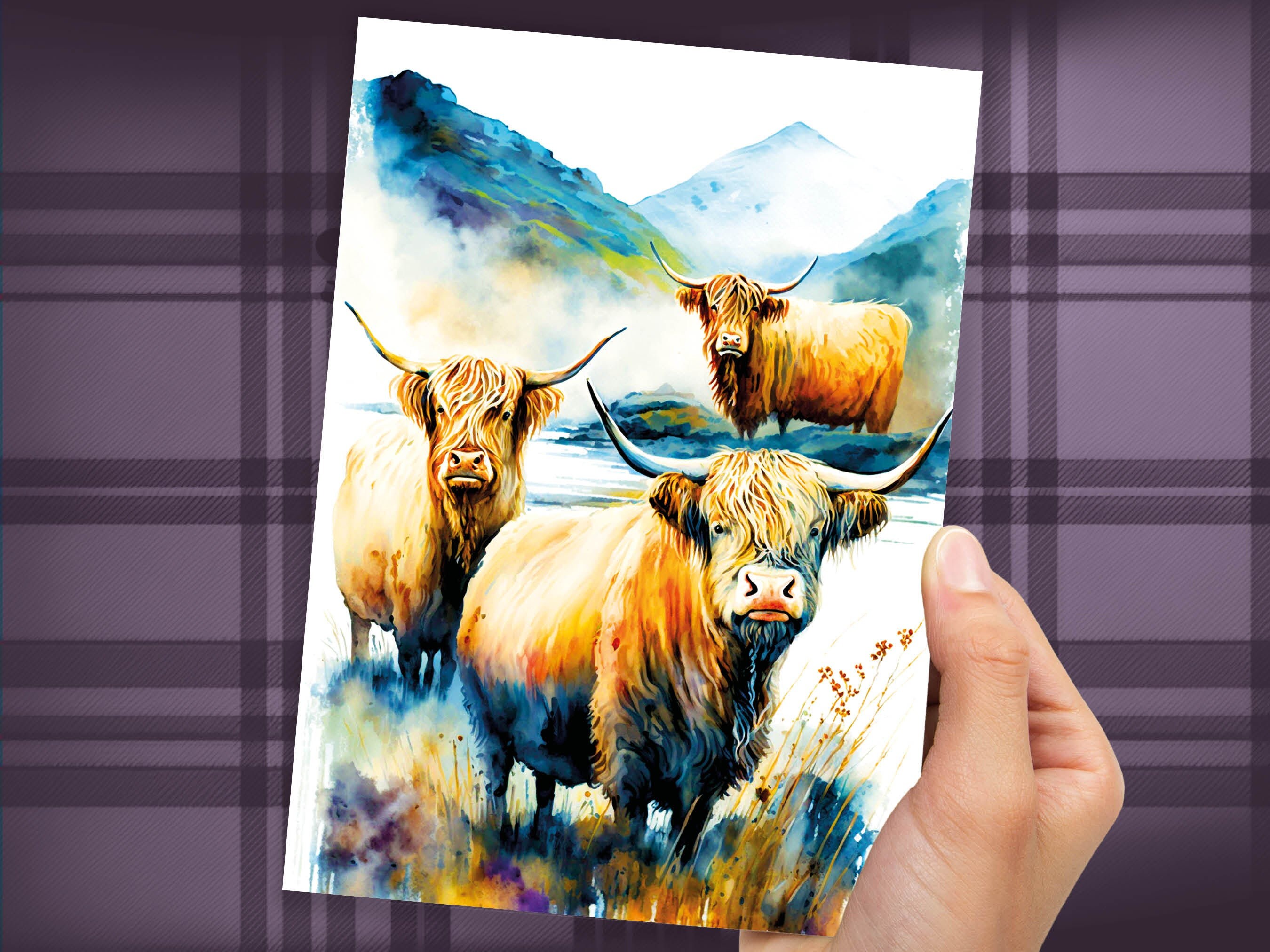 Watercolor Highland Cow Greeting Card Summer Landscape Nature Lovers Cow Enthusiasts Scottish Countryside Birthday Thank You Just Because - View 6