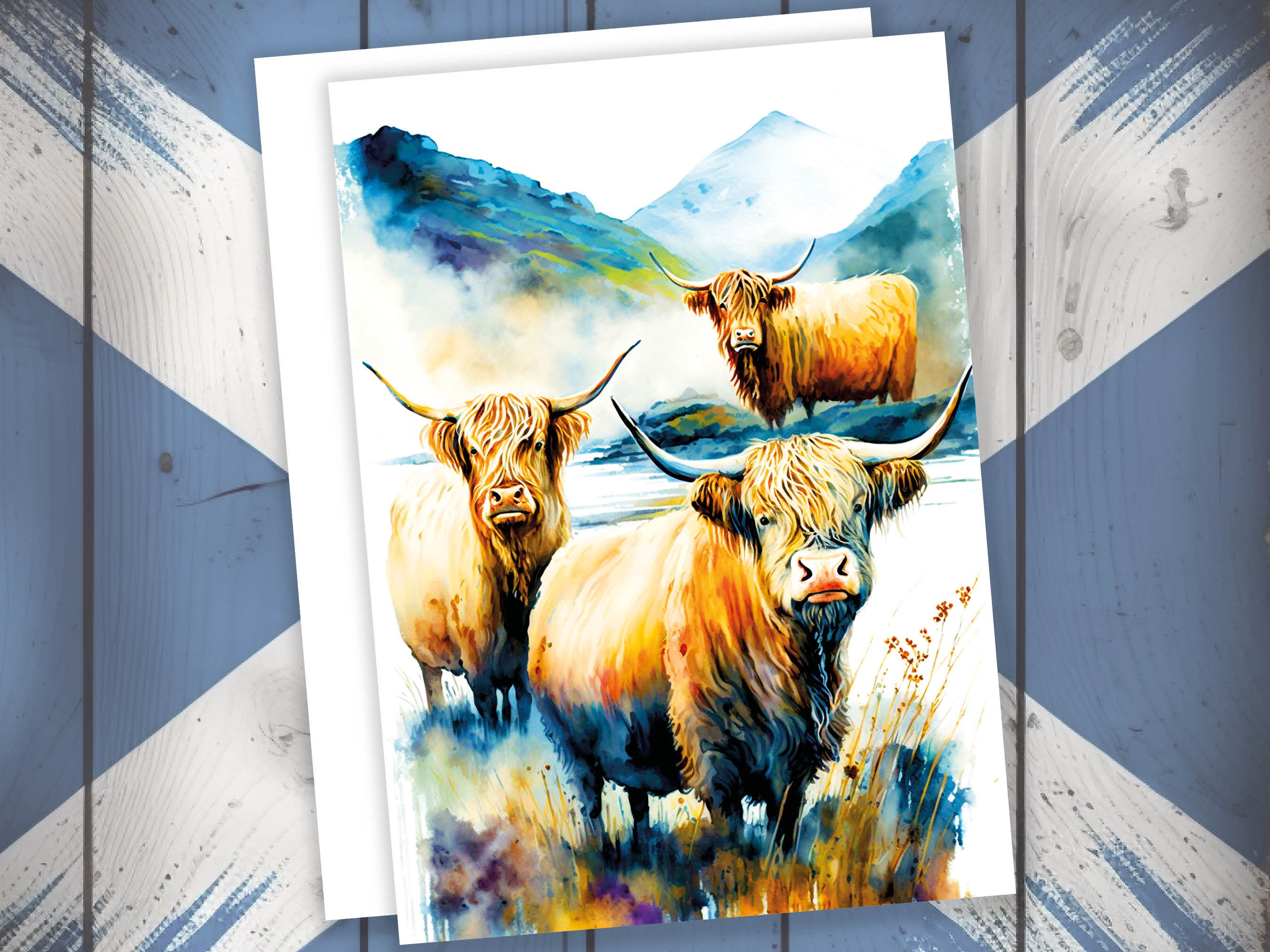 Watercolor Highland Cow Greeting Card Summer Landscape Nature Lovers Cow Enthusiasts Scottish Countryside Birthday Thank You Just Because - View 7