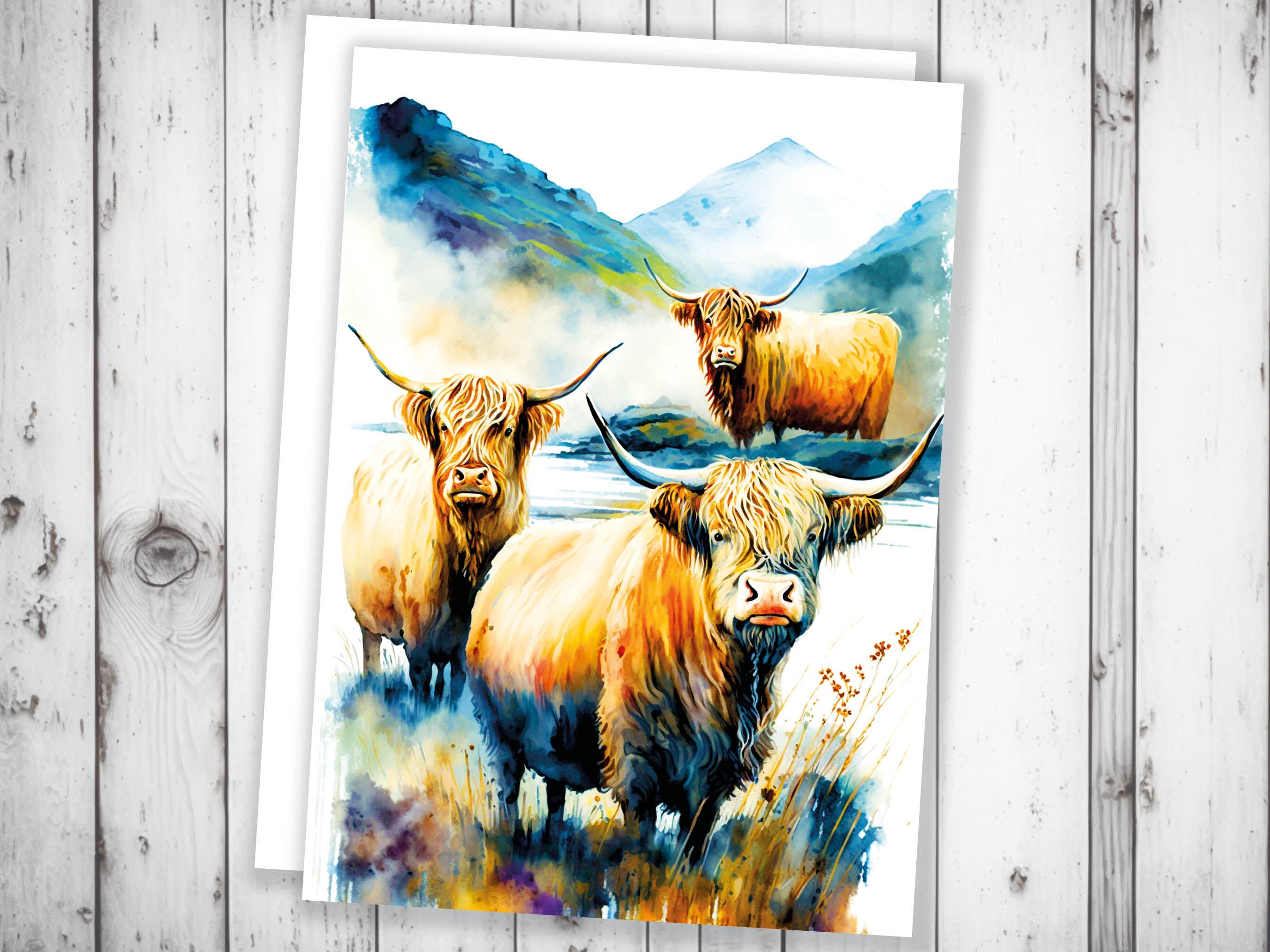 Watercolor Highland Cow Greeting Card Summer Landscape Nature Lovers Cow Enthusiasts Scottish Countryside Birthday Thank You Just Because - View 8