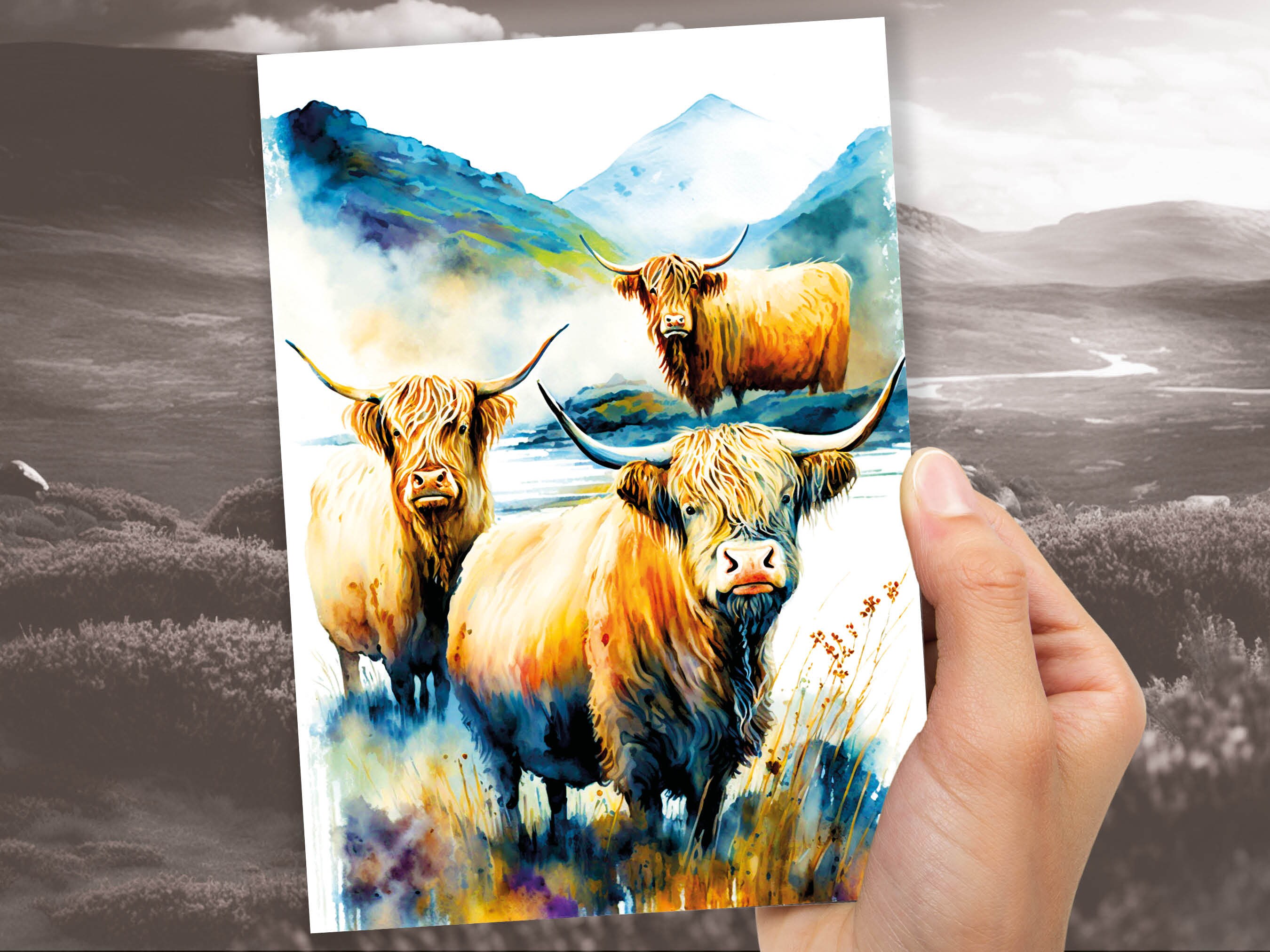 Watercolor Highland Cow Greeting Card Summer Landscape Nature Lovers Cow Enthusiasts Scottish Countryside Birthday Thank You Just Because - View 9