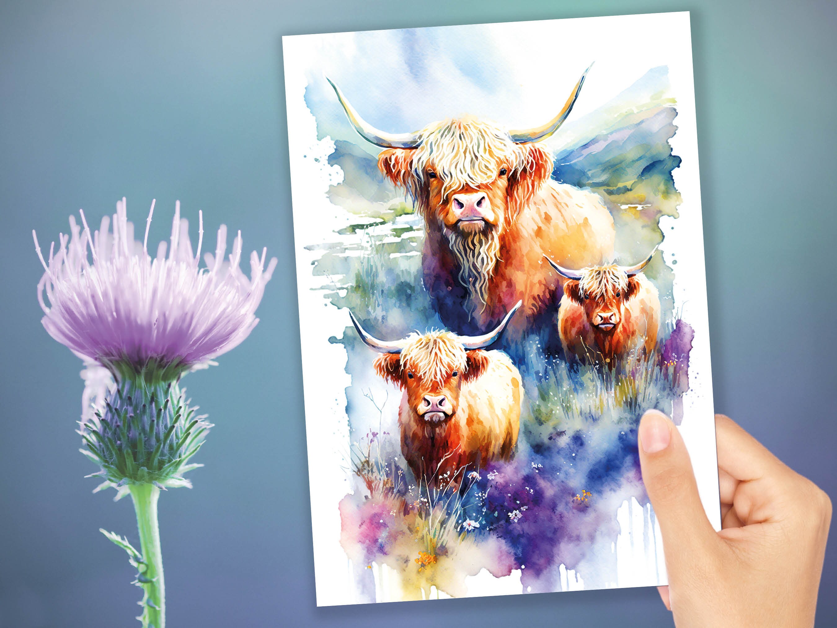 Watercolour Highland Cows Card Family Greeting Cards for Parents Mothers Day Fathers Day Birthday Scottish Summer Mountains Wildflowers Cow - View 10