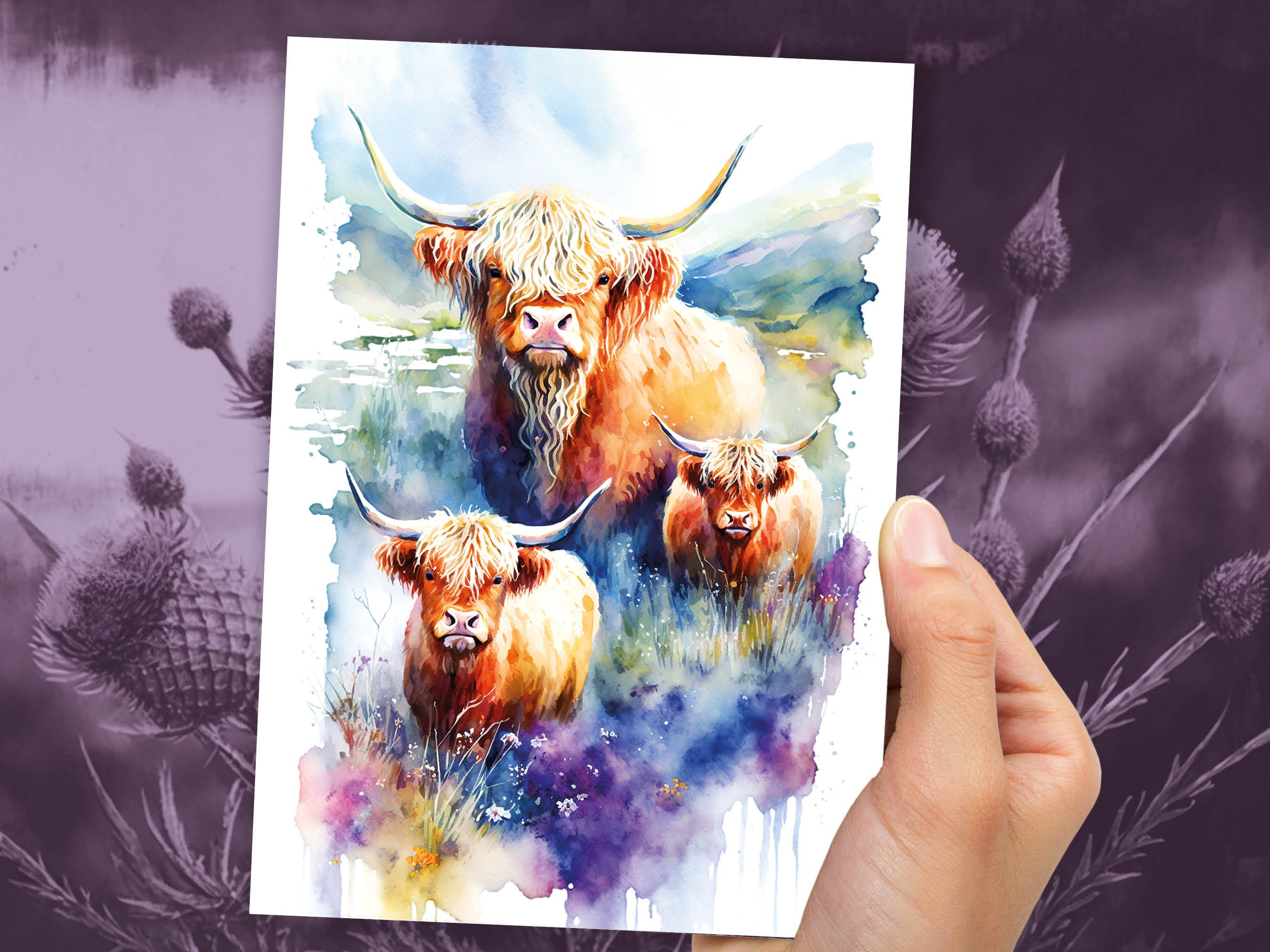 Watercolour Highland Cows Card Family Greeting Cards for Parents Mothers Day Fathers Day Birthday Scottish Summer Mountains Wildflowers Cow