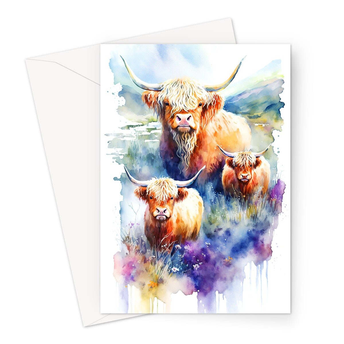 Watercolour Highland Cows Card Family Greeting Cards for Parents Mothers Day Fathers Day Birthday Scottish Summer Mountains Wildflowers Cow - View 2