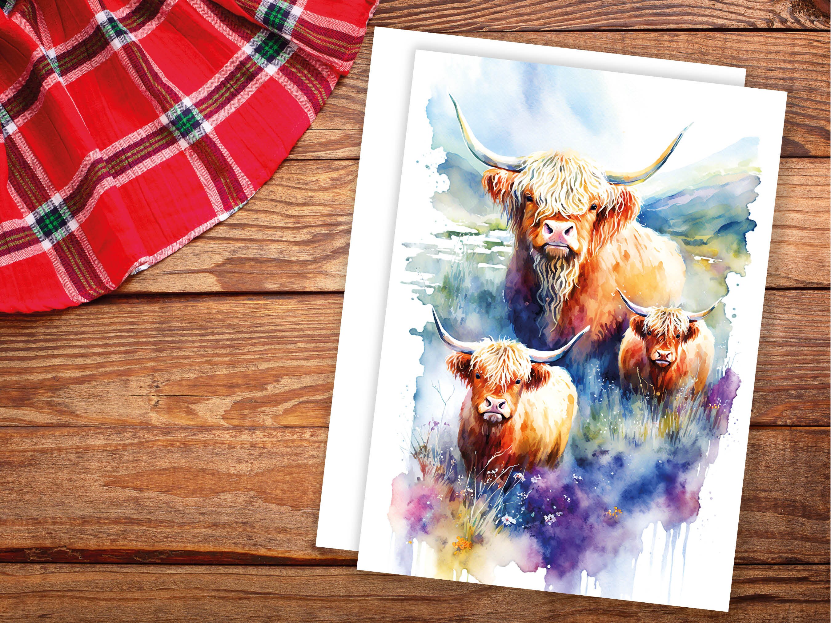 Watercolour Highland Cows Card Family Greeting Cards for Parents Mothers Day Fathers Day Birthday Scottish Summer Mountains Wildflowers Cow - View 4