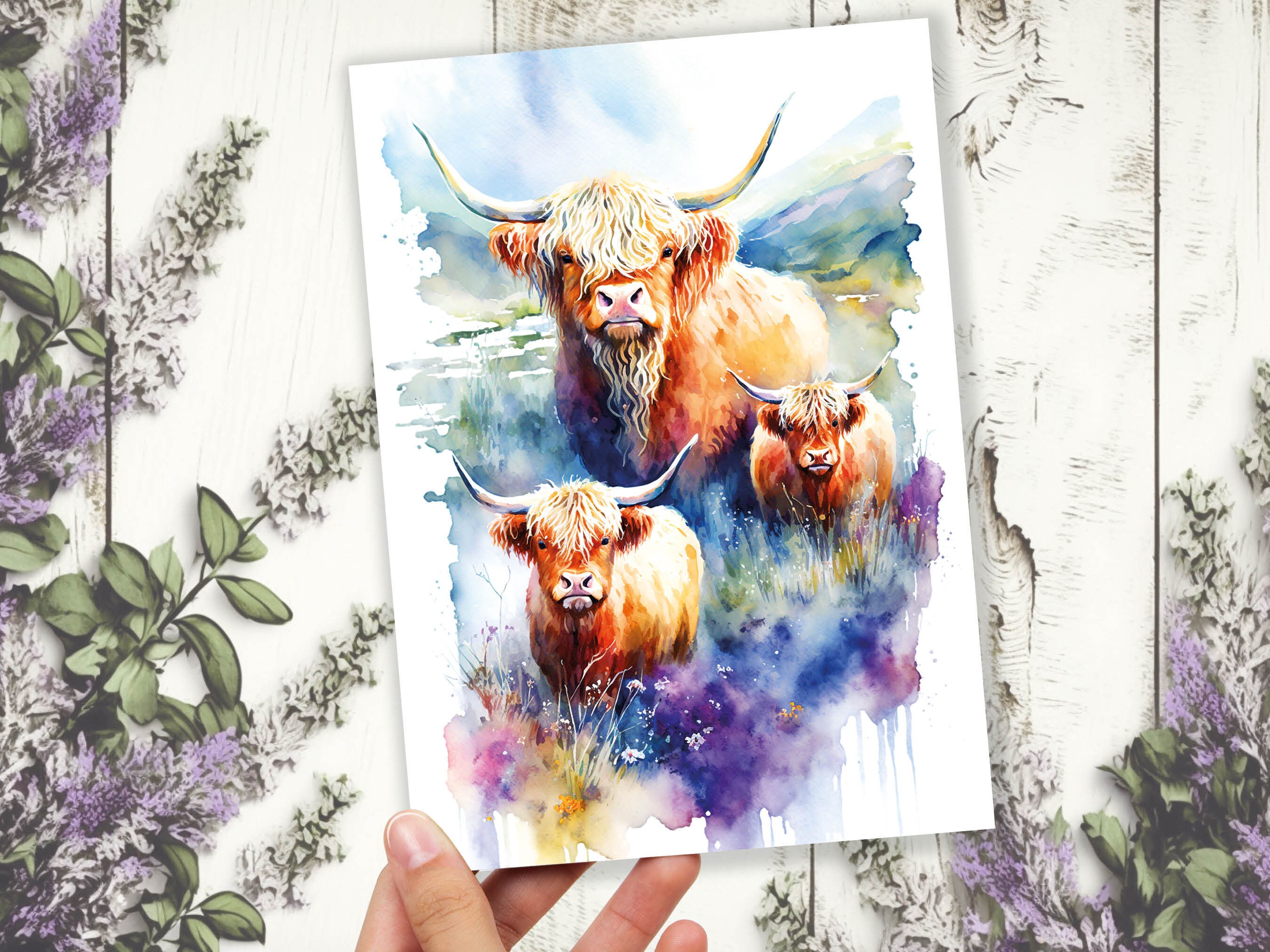 Watercolour Highland Cows Card Family Greeting Cards for Parents Mothers Day Fathers Day Birthday Scottish Summer Mountains Wildflowers Cow - View 5