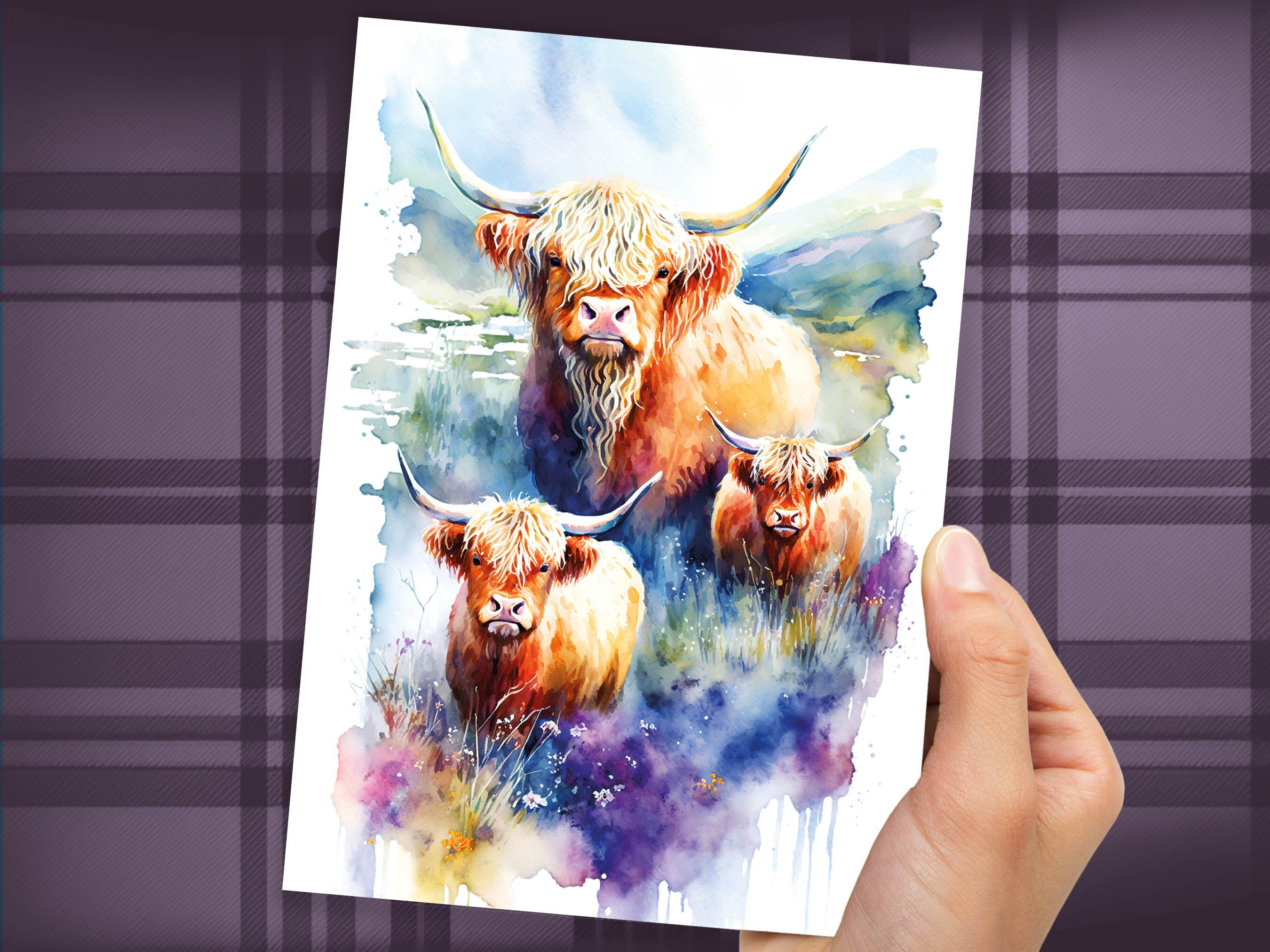 Watercolour Highland Cows Card Family Greeting Cards for Parents Mothers Day Fathers Day Birthday Scottish Summer Mountains Wildflowers Cow - View 6