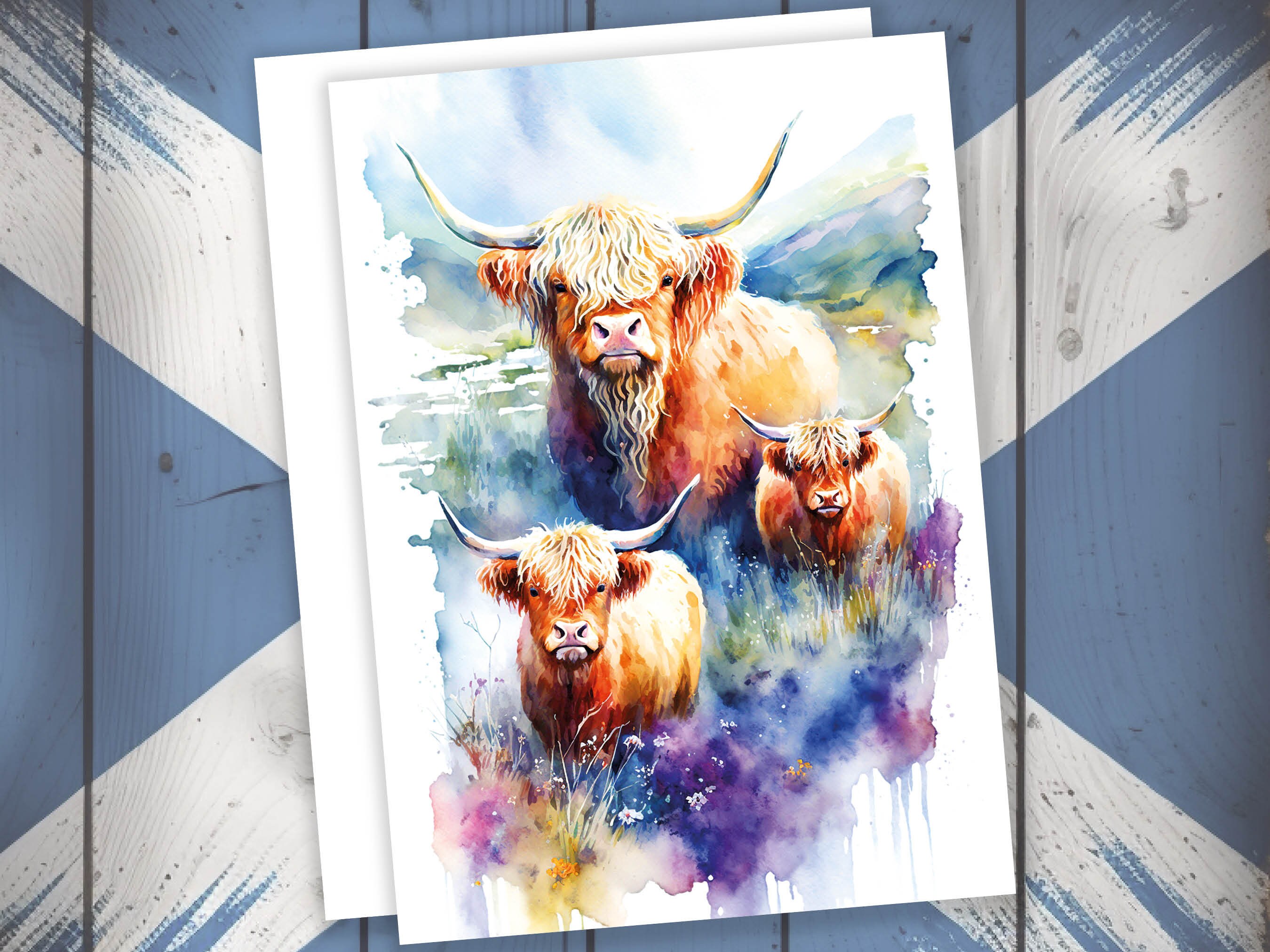 Watercolour Highland Cows Card Family Greeting Cards for Parents Mothers Day Fathers Day Birthday Scottish Summer Mountains Wildflowers Cow - View 7