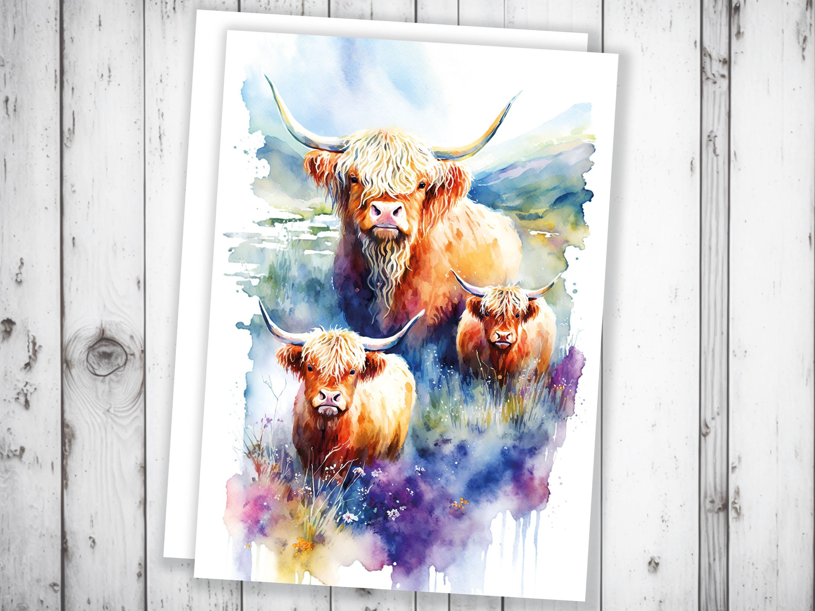 Watercolour Highland Cows Card Family Greeting Cards for Parents Mothers Day Fathers Day Birthday Scottish Summer Mountains Wildflowers Cow - View 8