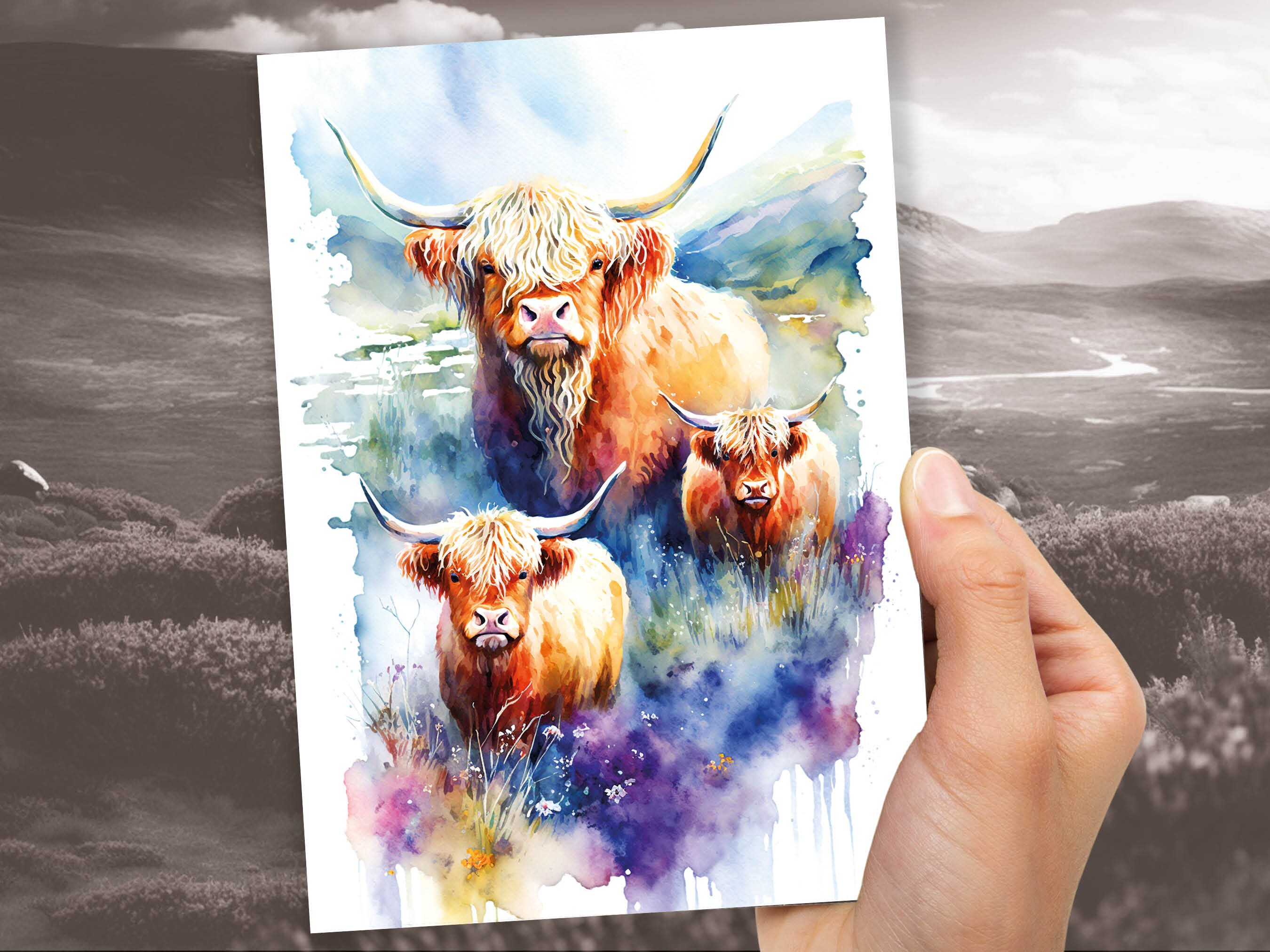 Watercolour Highland Cows Card Family Greeting Cards for Parents Mothers Day Fathers Day Birthday Scottish Summer Mountains Wildflowers Cow - View 9