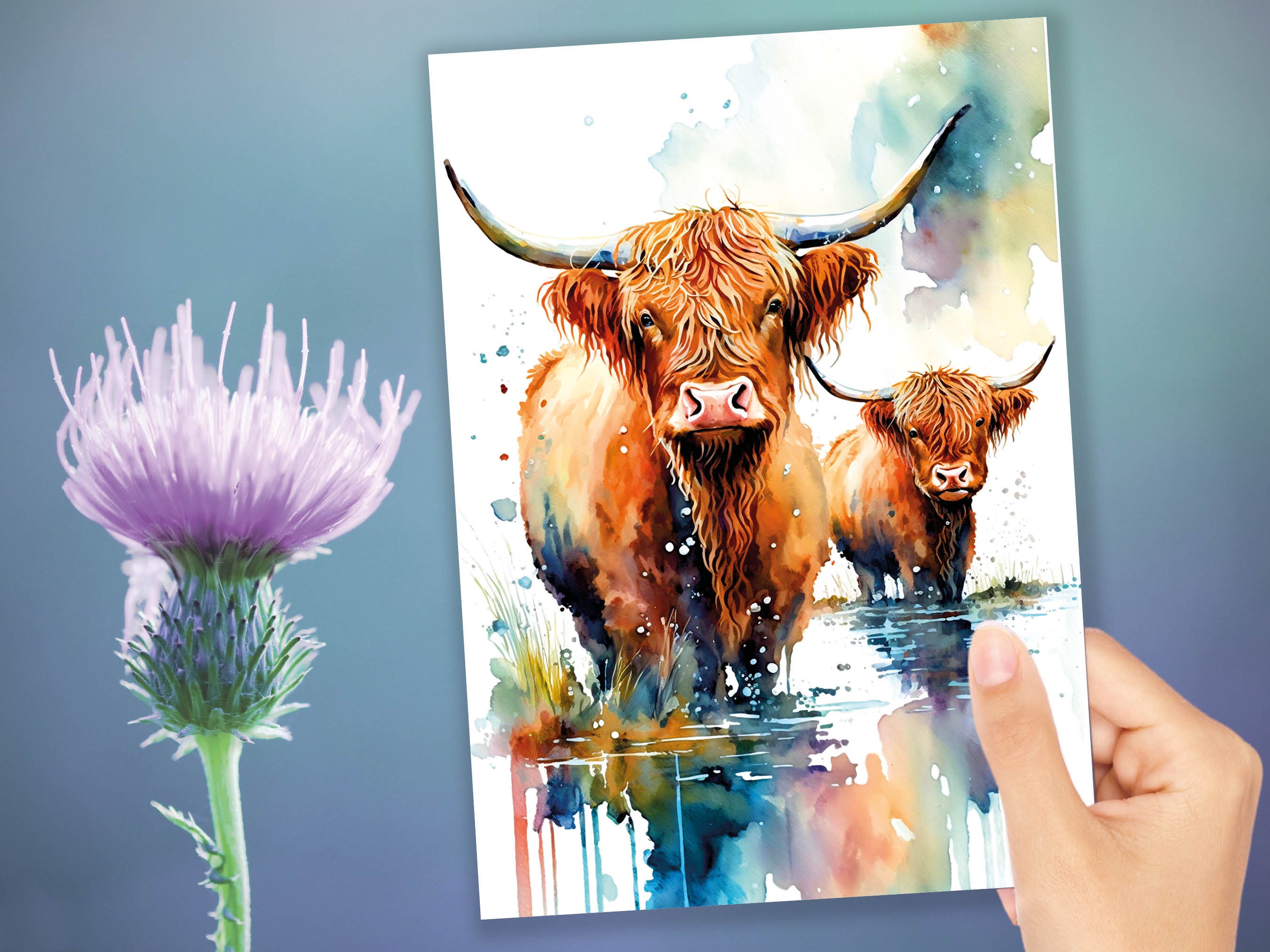 Watercolor Mother and Baby Highland Cows Greeting Card Art Cute Scottish Animal Nature Lovers Birthdays Mother's Day New Baby Celebrations - View 10