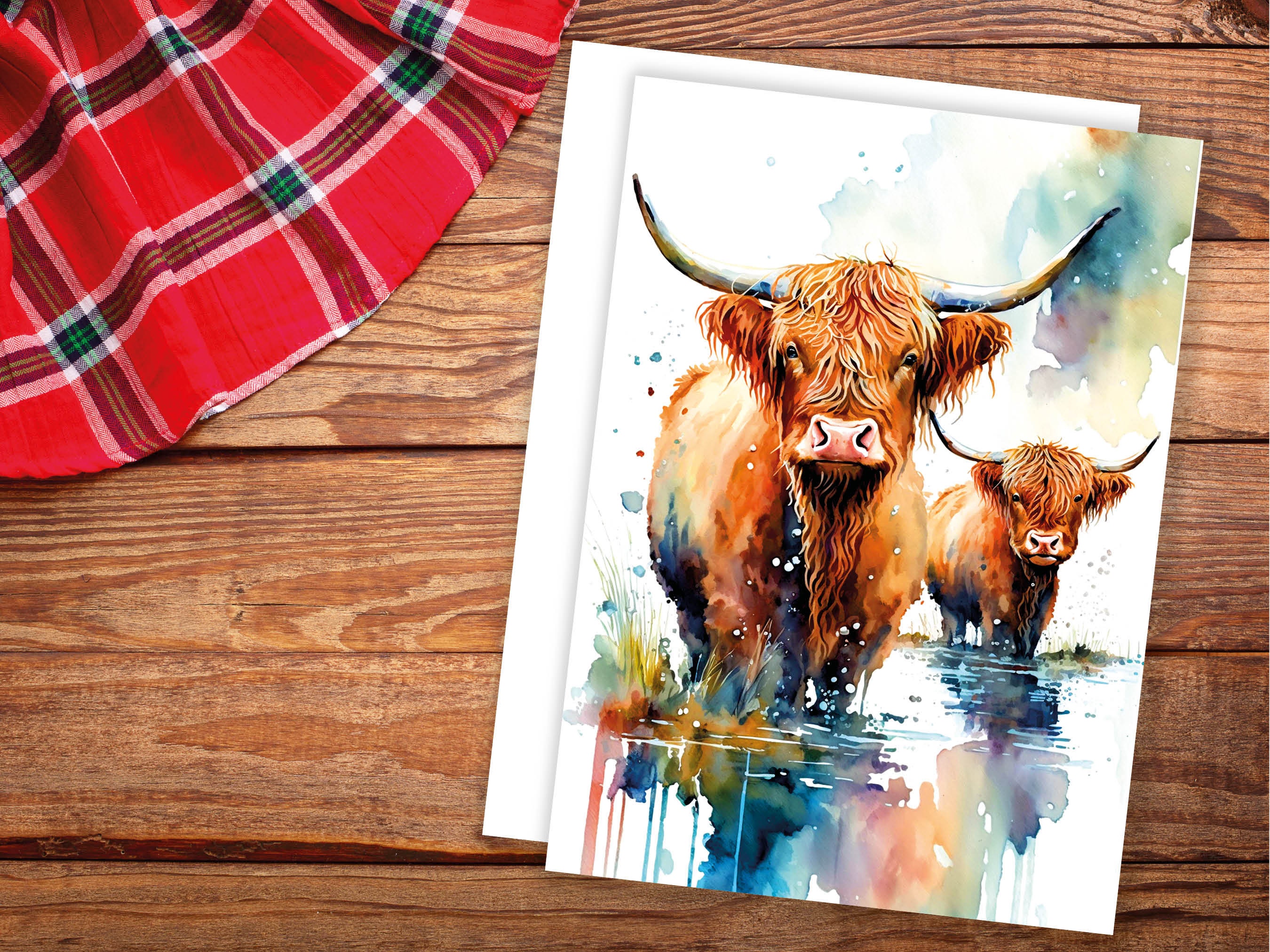 Watercolor Mother and Baby Highland Cows Greeting Card Art Cute Scottish Animal Nature Lovers Birthdays Mother's Day New Baby Celebrations