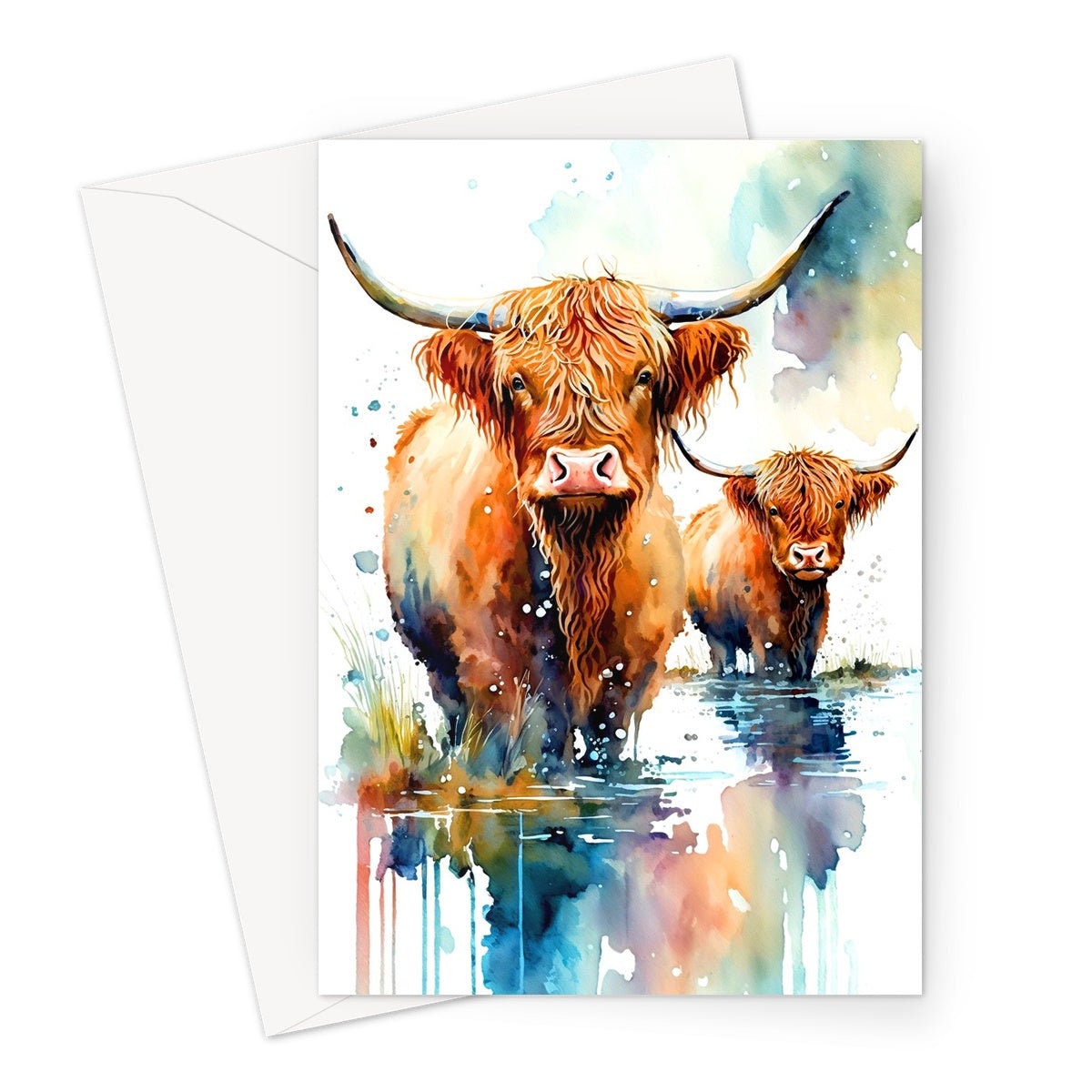 Watercolor Mother and Baby Highland Cows Greeting Card Art Cute Scottish Animal Nature Lovers Birthdays Mother's Day New Baby Celebrations - View 2