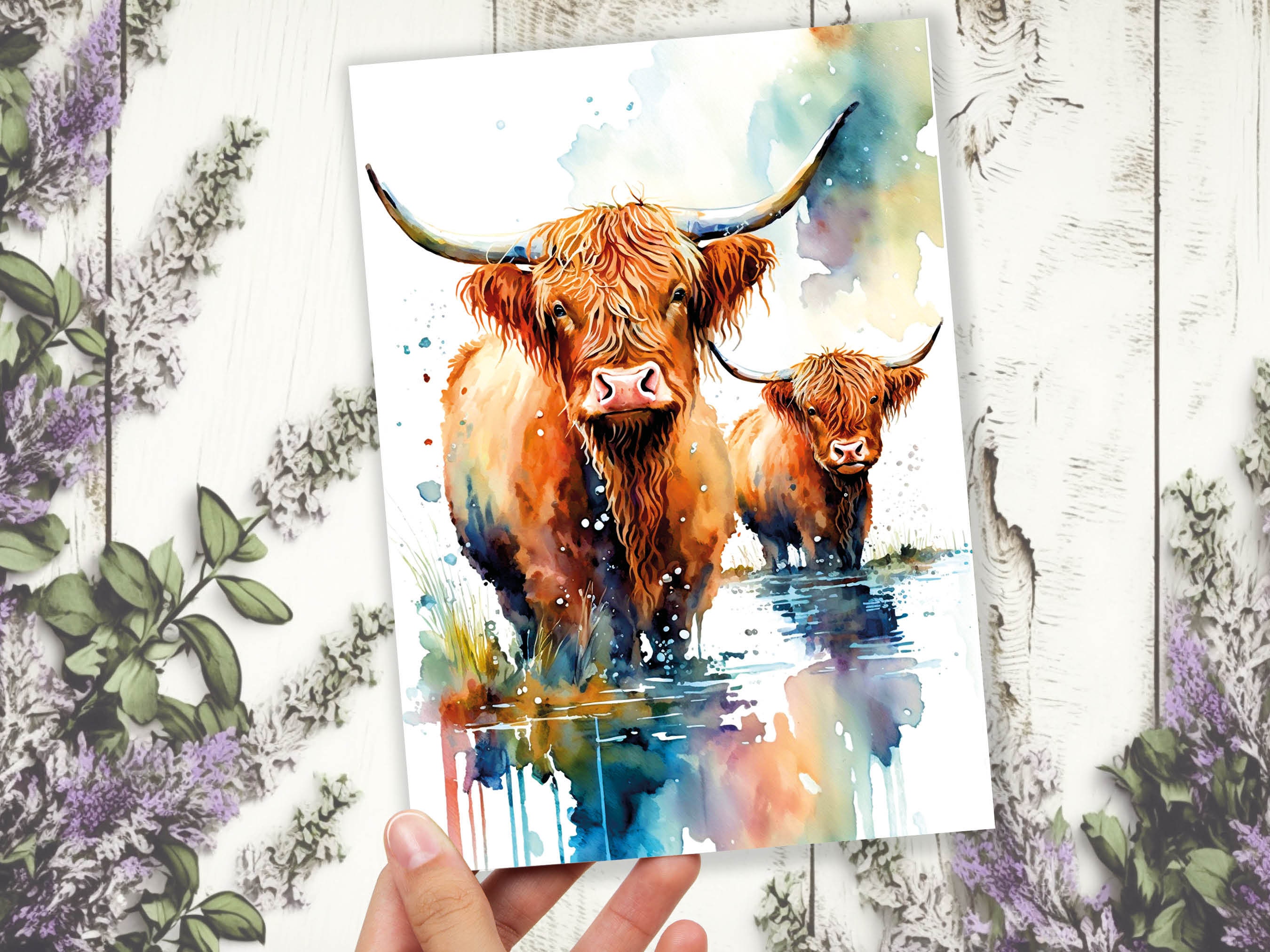 Watercolor Mother and Baby Highland Cows Greeting Card Art Cute Scottish Animal Nature Lovers Birthdays Mother's Day New Baby Celebrations - View 4