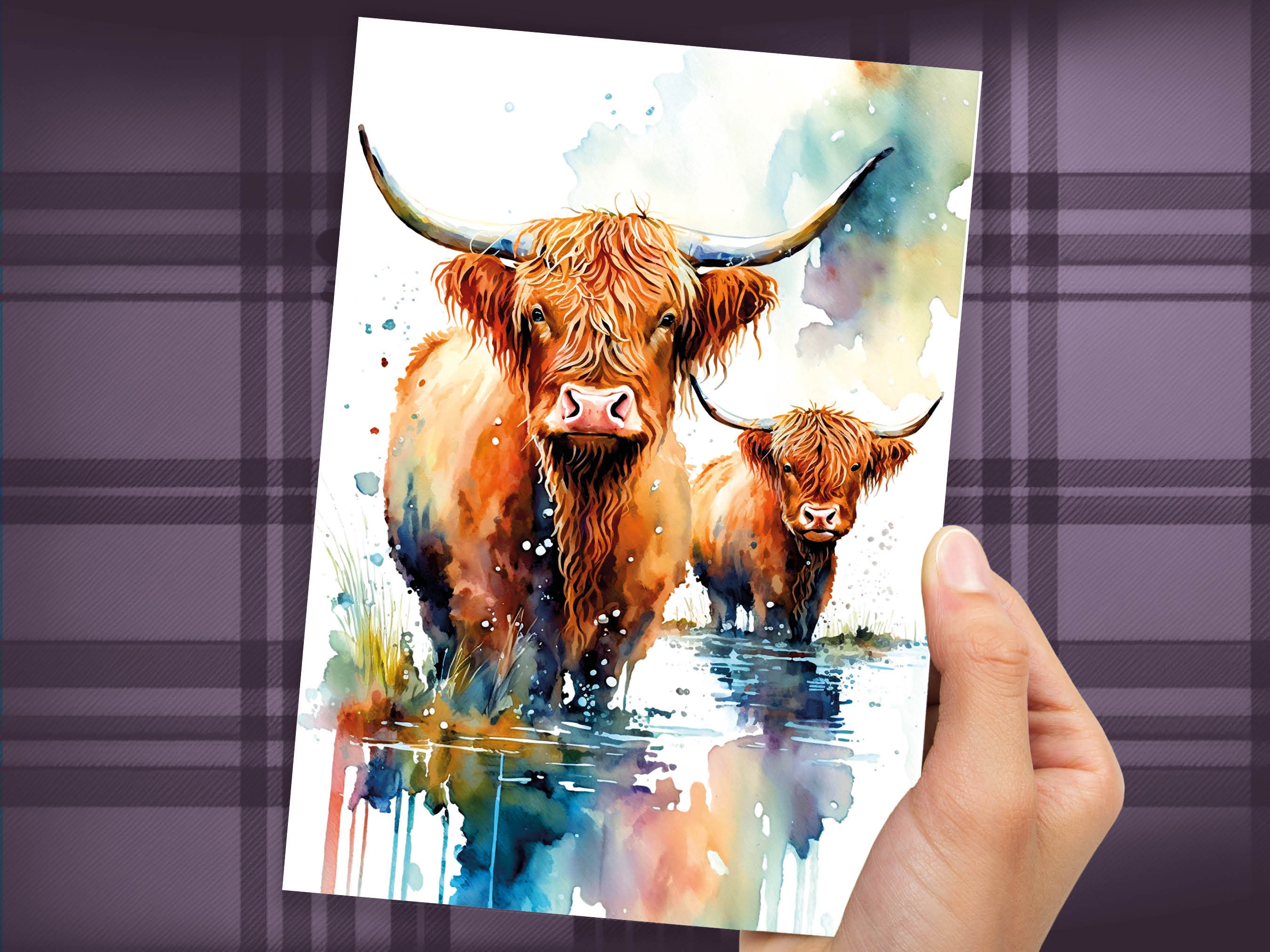 Watercolor Mother and Baby Highland Cows Greeting Card Art Cute Scottish Animal Nature Lovers Birthdays Mother's Day New Baby Celebrations - View 5