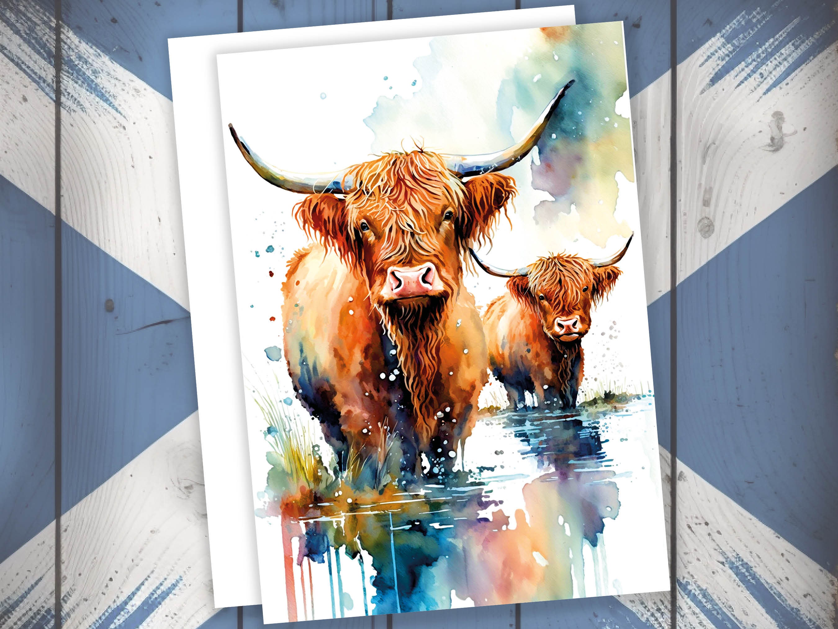 Watercolor Mother and Baby Highland Cows Greeting Card Art Cute Scottish Animal Nature Lovers Birthdays Mother's Day New Baby Celebrations - View 6