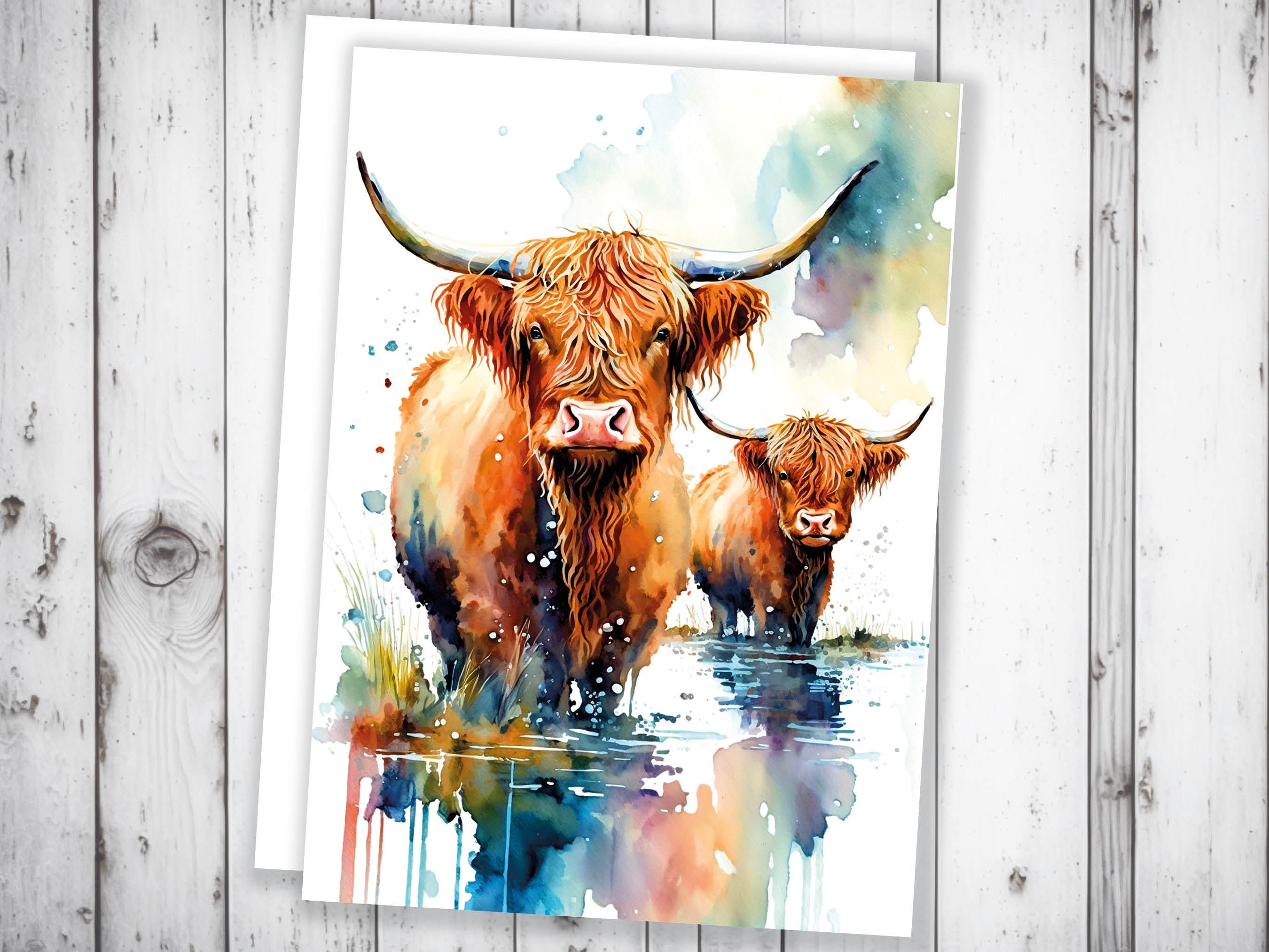 Watercolor Mother and Baby Highland Cows Greeting Card Art Cute Scottish Animal Nature Lovers Birthdays Mother's Day New Baby Celebrations - View 7