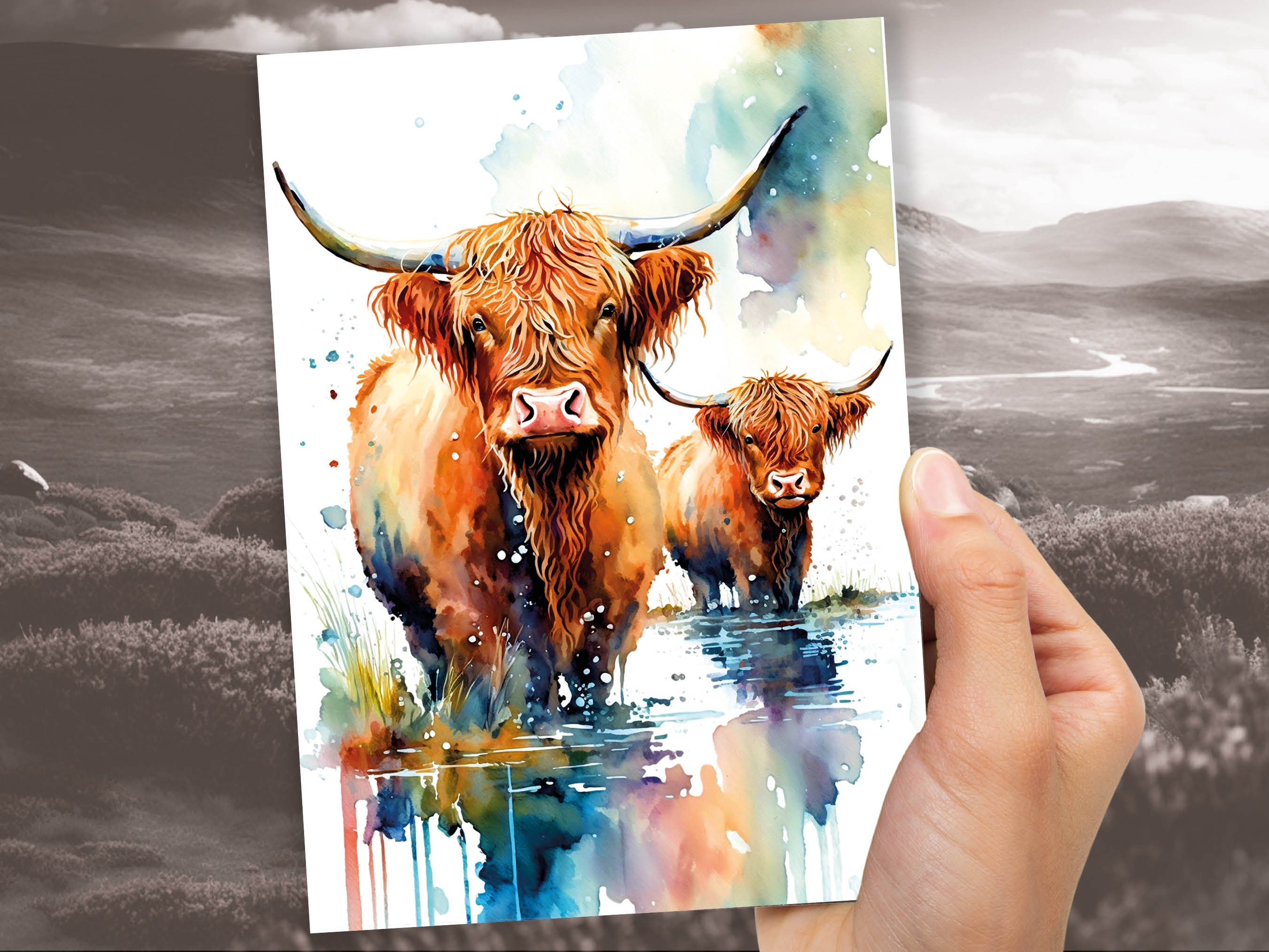 Watercolor Mother and Baby Highland Cows Greeting Card Art Cute Scottish Animal Nature Lovers Birthdays Mother's Day New Baby Celebrations - View 8