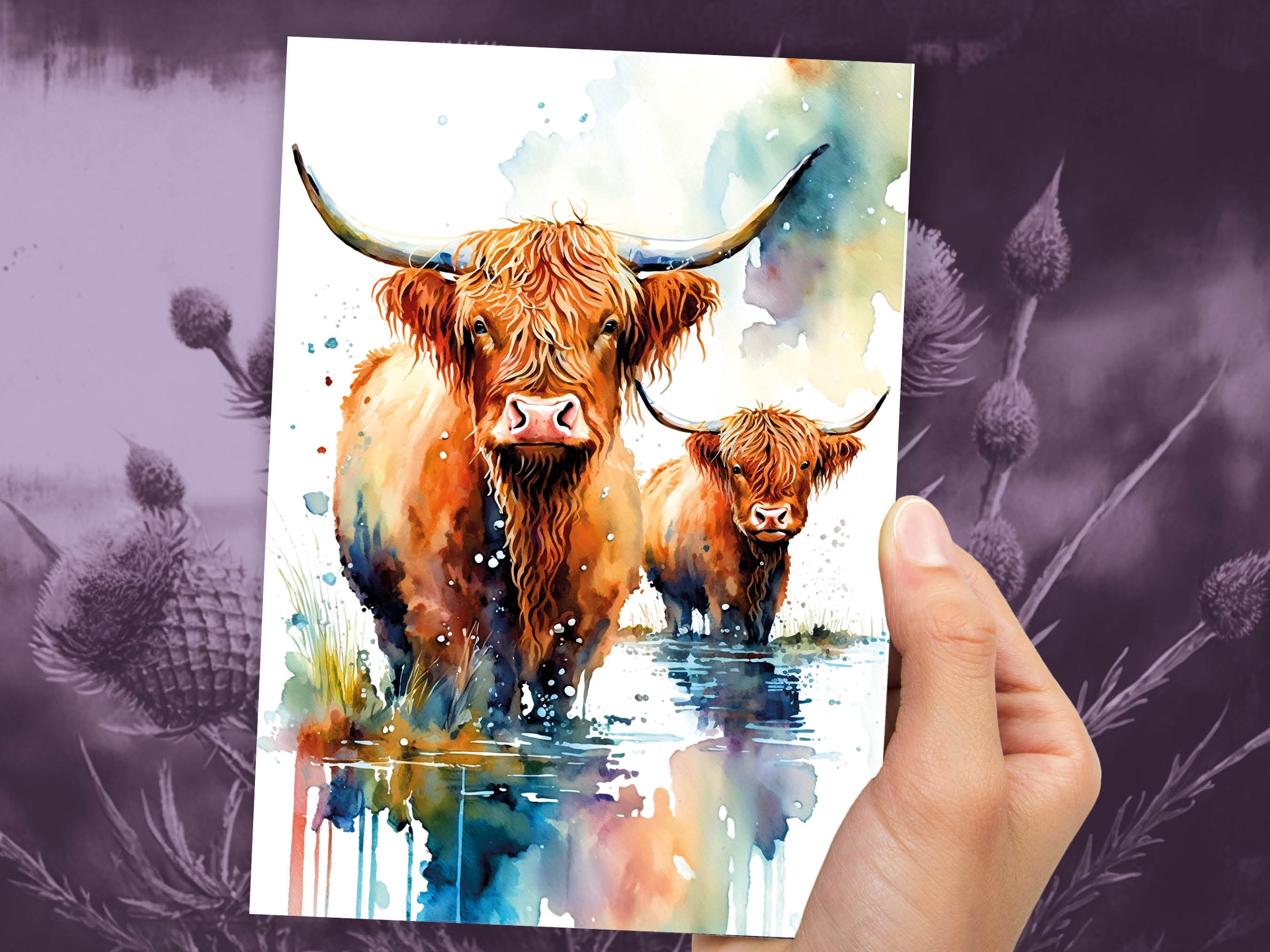 Watercolor Mother and Baby Highland Cows Greeting Card Art Cute Scottish Animal Nature Lovers Birthdays Mother's Day New Baby Celebrations - View 9