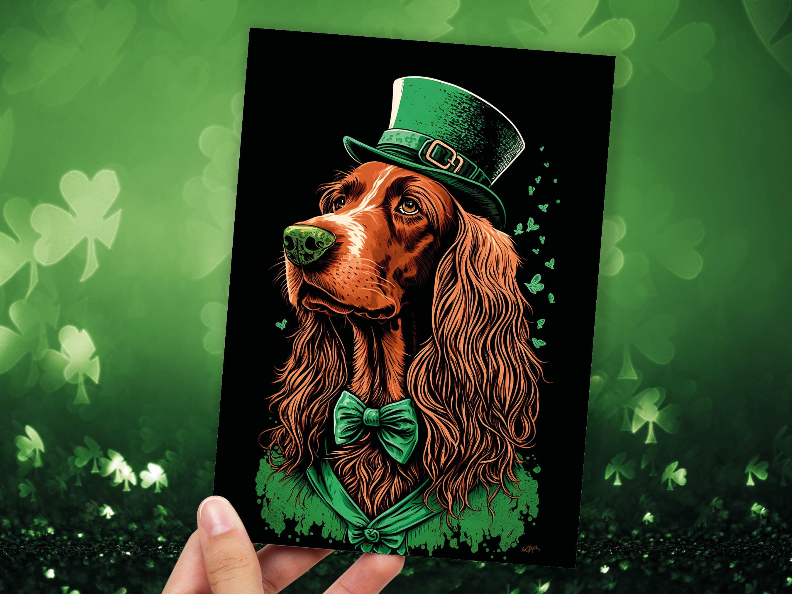 Irish Setter Leprechaun Card Good Luck from Ireland Illustration St. Patrick's Day Greetings Cute Dog Lovers Dapper Suit Happy Birthday Pup