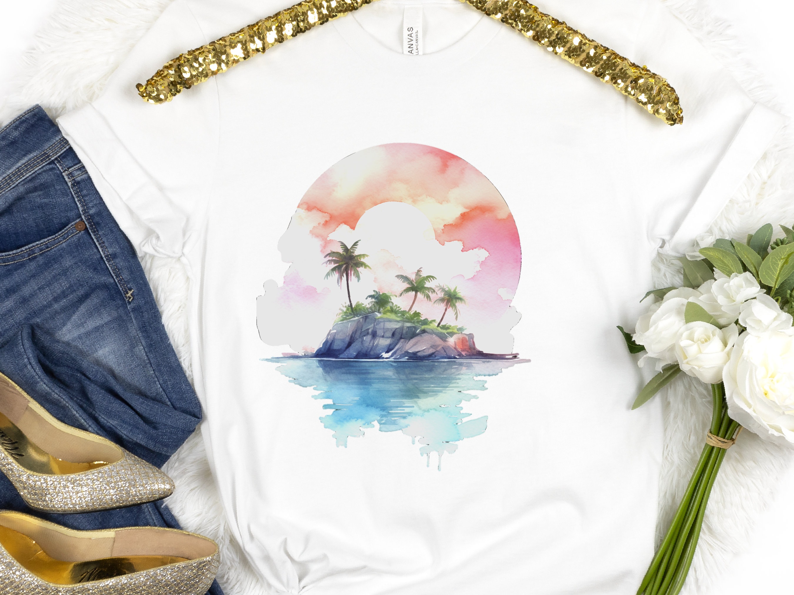 Watercolor Beach Sunset T-Shirt - Cute Travel Holiday Tee Vacation Shirt Scene Artistic Beachwear Art Sea And Sand Apparel Lover Gift Coasta