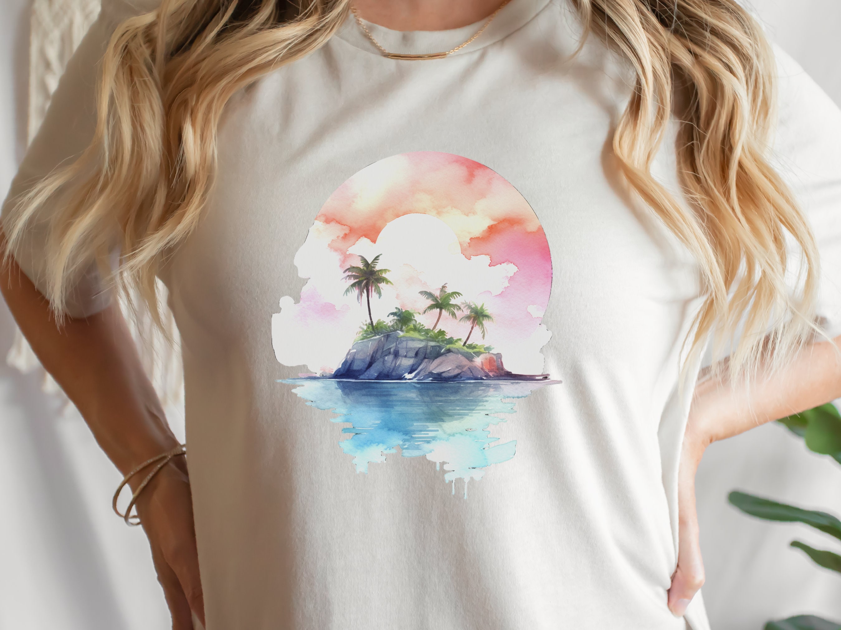 Watercolor Beach Sunset T-Shirt - Cute Travel Holiday Tee Vacation Shirt Scene Artistic Beachwear Art Sea And Sand Apparel Lover Gift Coasta - View 2