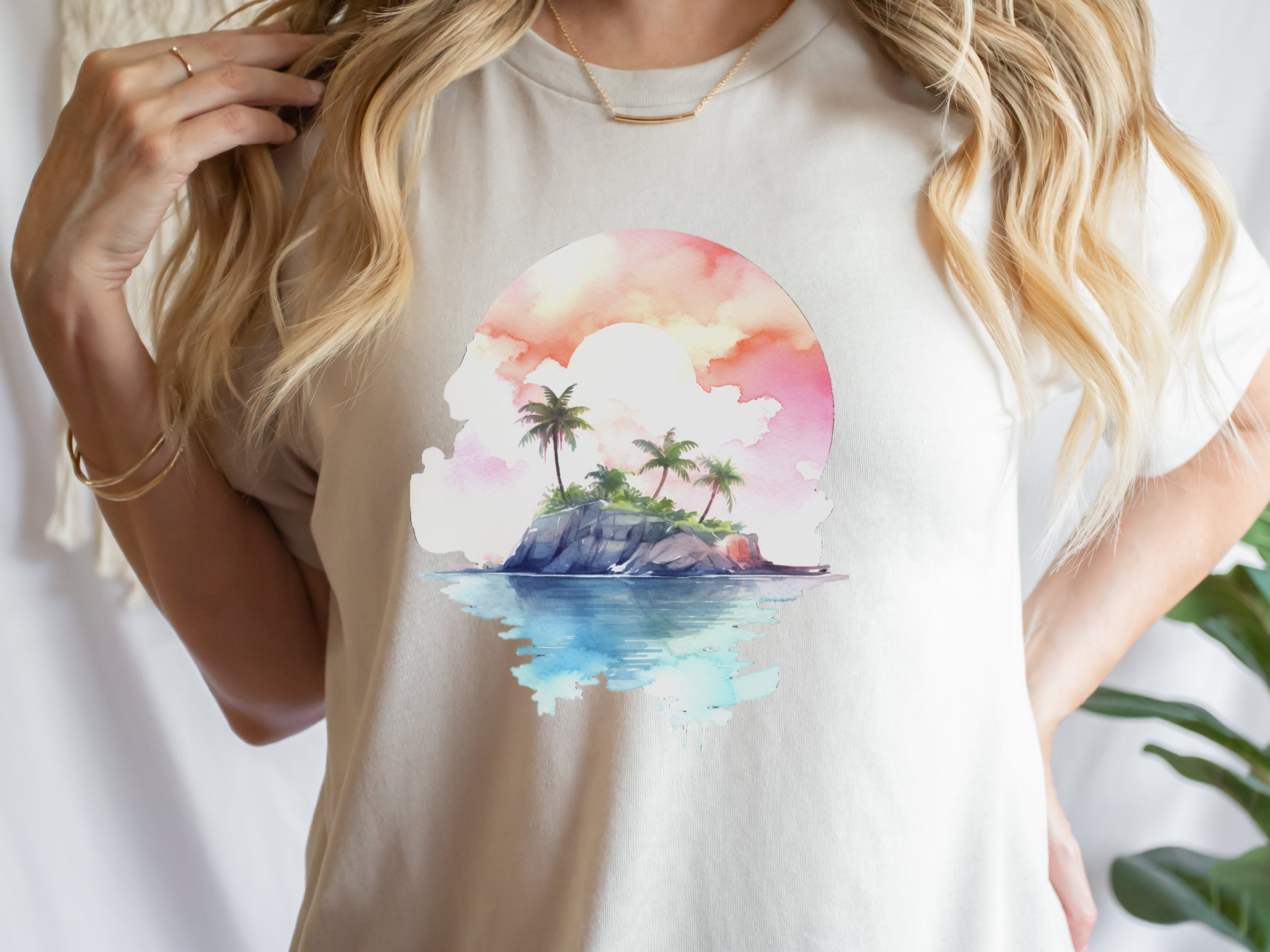 Watercolor Beach Sunset T-Shirt - Cute Travel Holiday Tee Vacation Shirt Scene Artistic Beachwear Art Sea And Sand Apparel Lover Gift Coasta - View 3