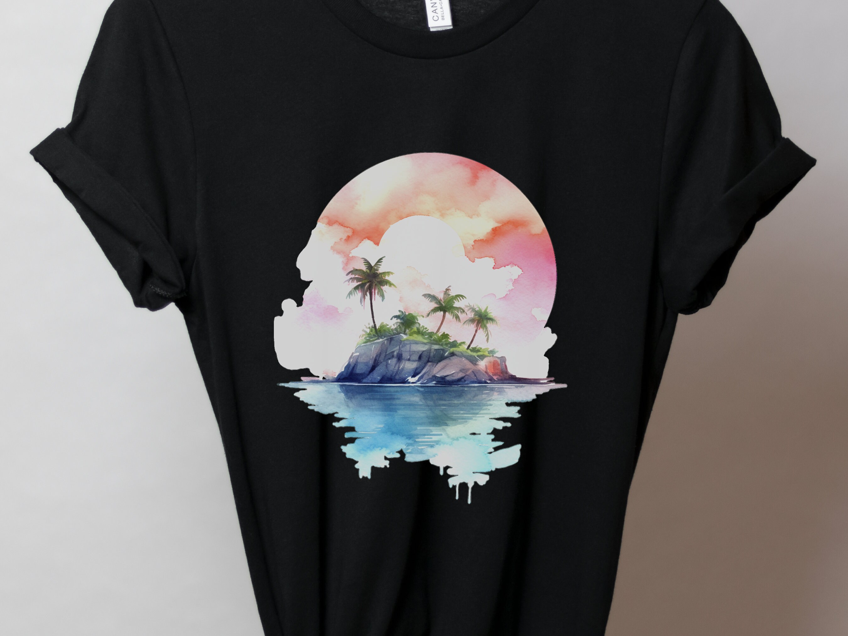 Watercolor Beach Sunset T-Shirt - Cute Travel Holiday Tee Vacation Shirt Scene Artistic Beachwear Art Sea And Sand Apparel Lover Gift Coasta - View 4