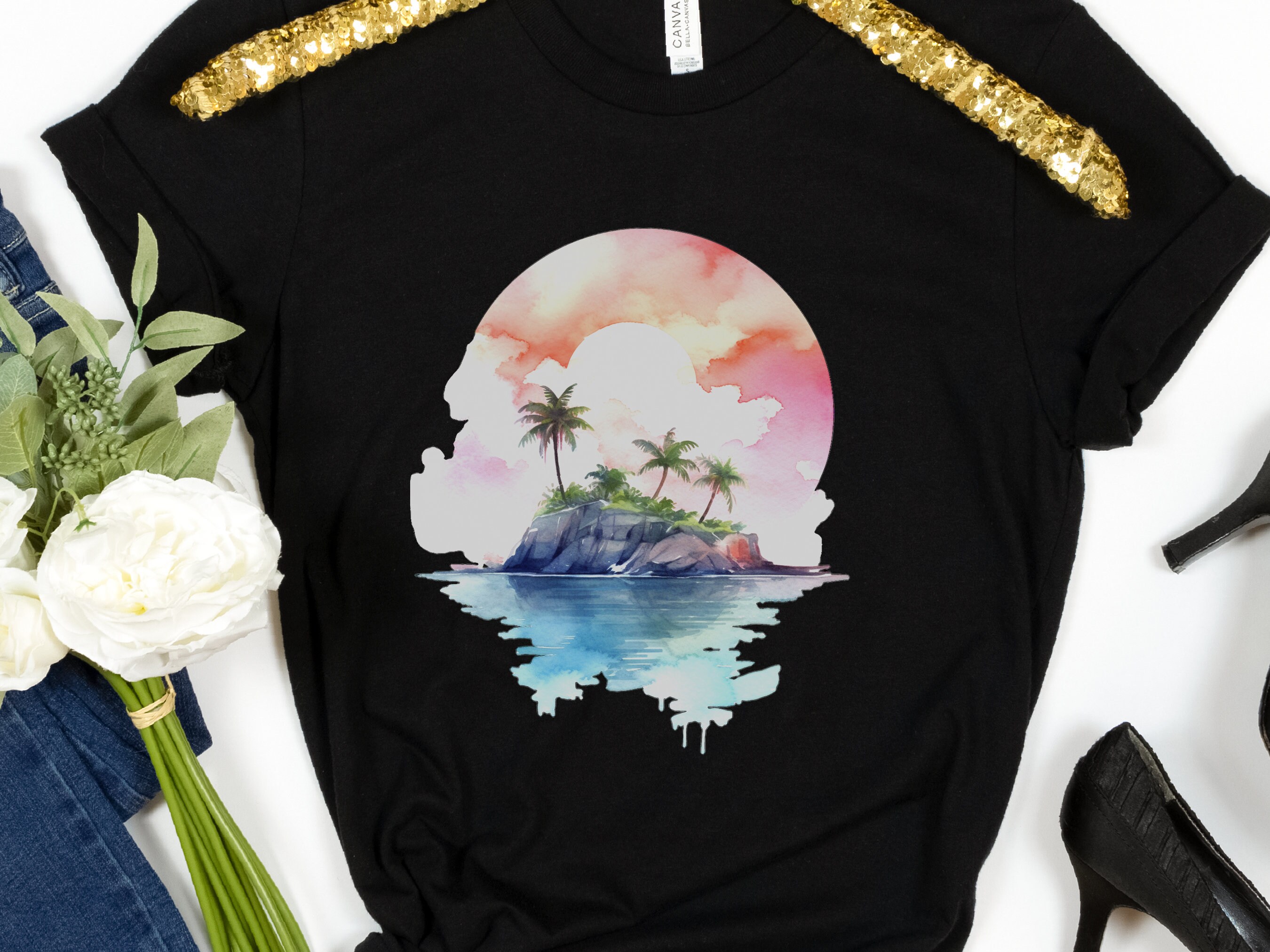 Watercolor Beach Sunset T-Shirt - Cute Travel Holiday Tee Vacation Shirt Scene Artistic Beachwear Art Sea And Sand Apparel Lover Gift Coasta - View 5