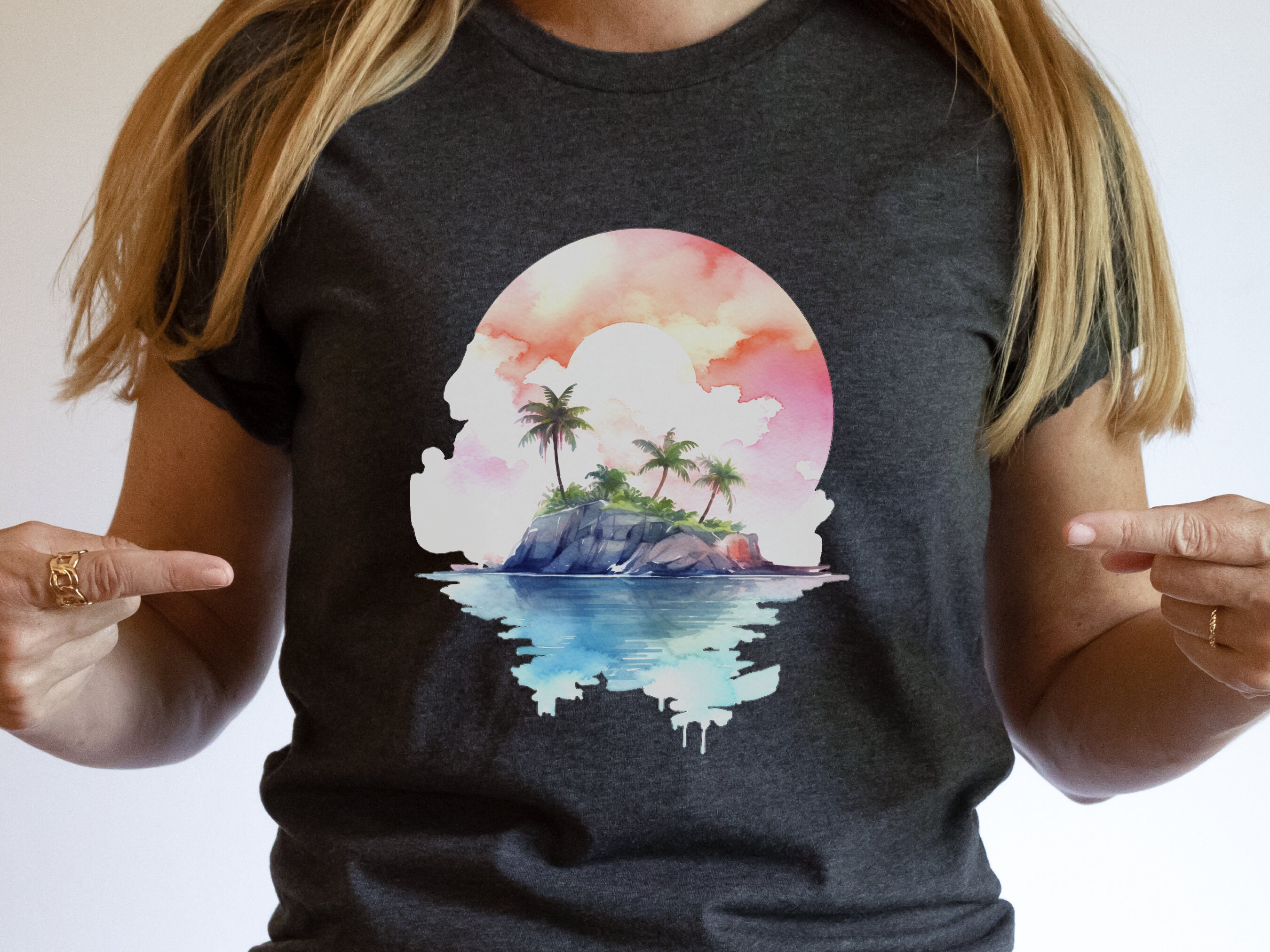 Watercolor Beach Sunset T-Shirt - Cute Travel Holiday Tee Vacation Shirt Scene Artistic Beachwear Art Sea And Sand Apparel Lover Gift Coasta - View 6