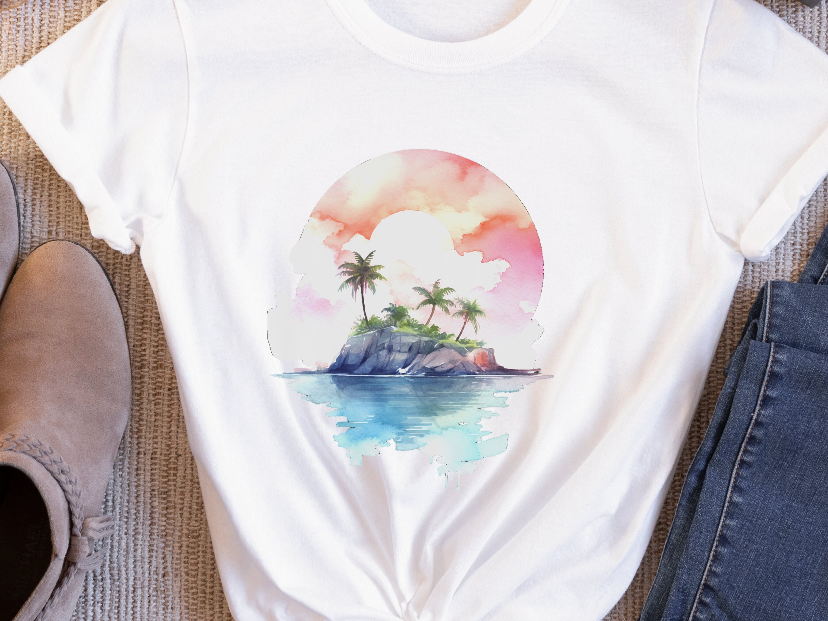 Watercolor Beach Sunset T-Shirt - Cute Travel Holiday Tee Vacation Shirt Scene Artistic Beachwear Art Sea And Sand Apparel Lover Gift Coasta - View 7