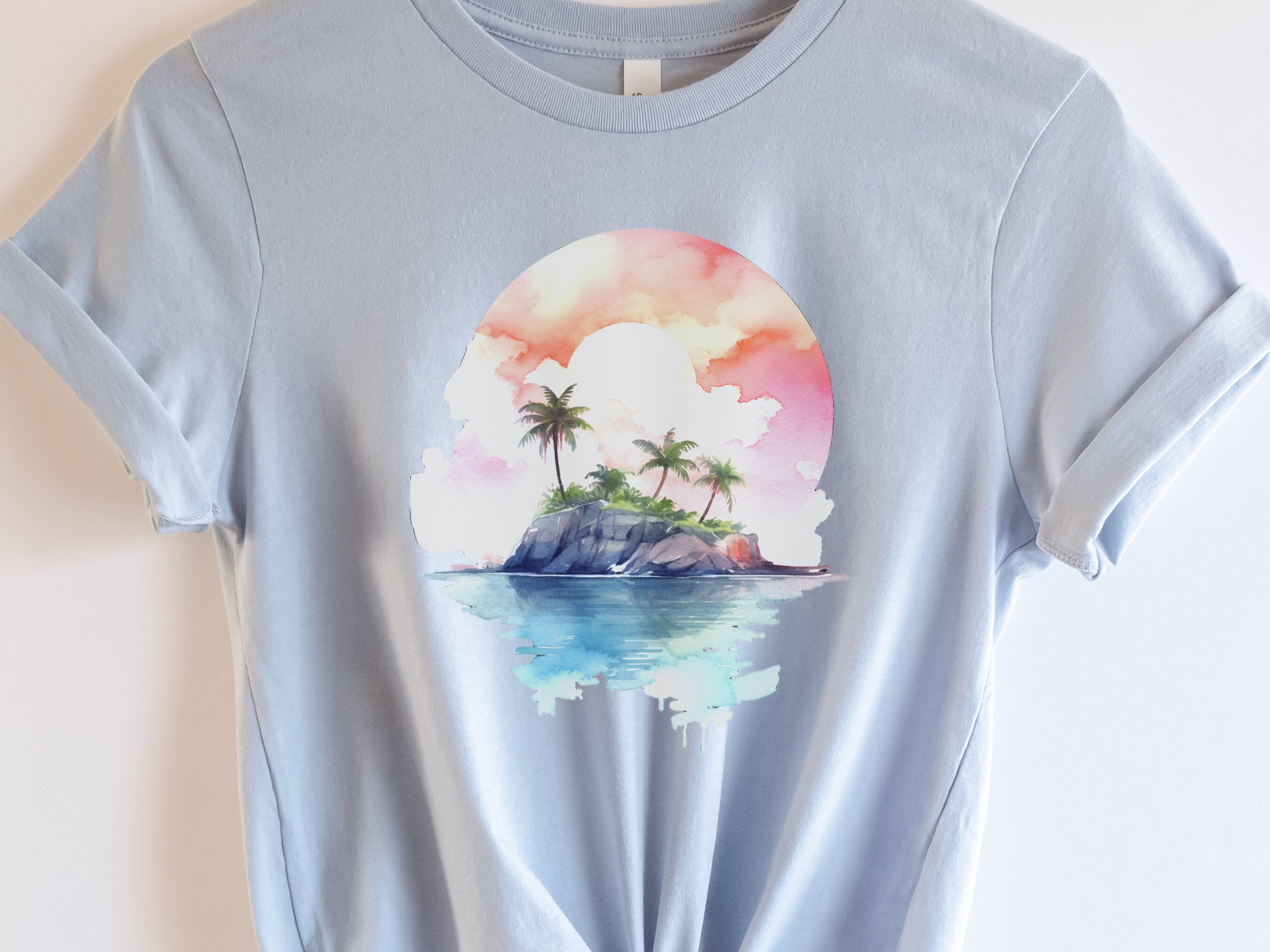 Watercolor Beach Sunset T-Shirt - Cute Travel Holiday Tee Vacation Shirt Scene Artistic Beachwear Art Sea And Sand Apparel Lover Gift Coasta - View 8