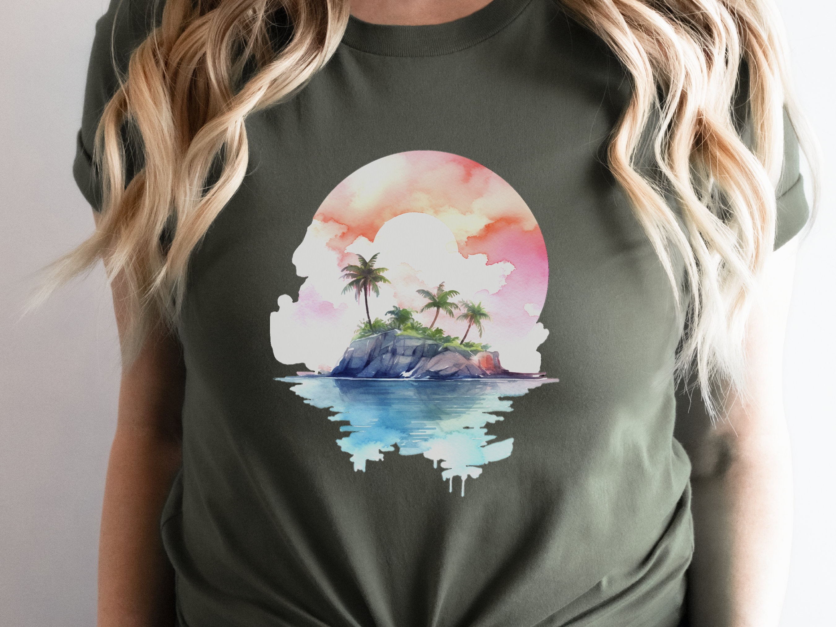 Watercolor Beach Sunset T-Shirt - Cute Travel Holiday Tee Vacation Shirt Scene Artistic Beachwear Art Sea And Sand Apparel Lover Gift Coasta - View 9