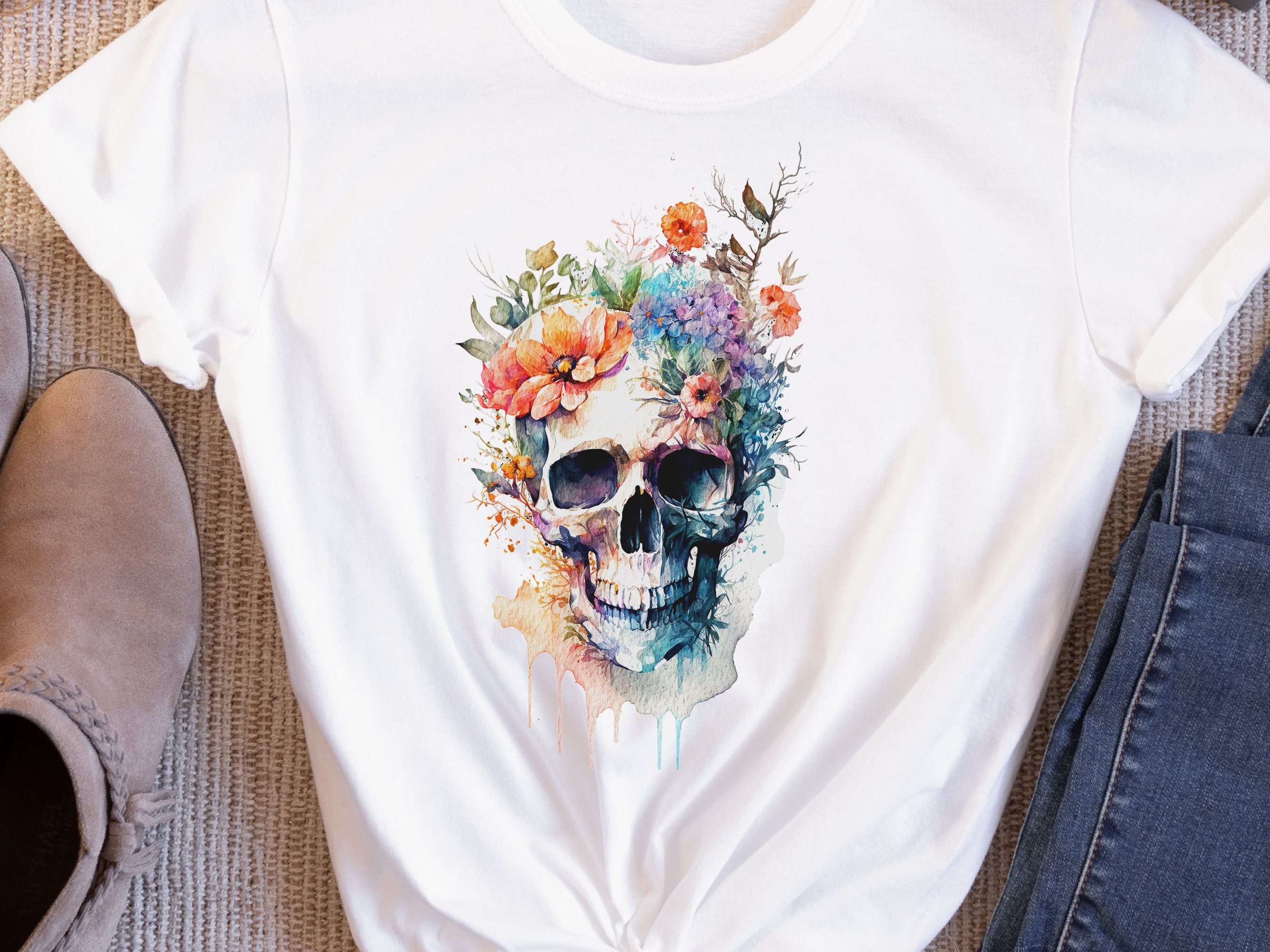 Enchanting Watercolour Skull and Flowers Tee Artistic Gothic Grunge Gift Bohemian Style Unique Nature Shirt Painted Flower T-Shirt Floral - View 2