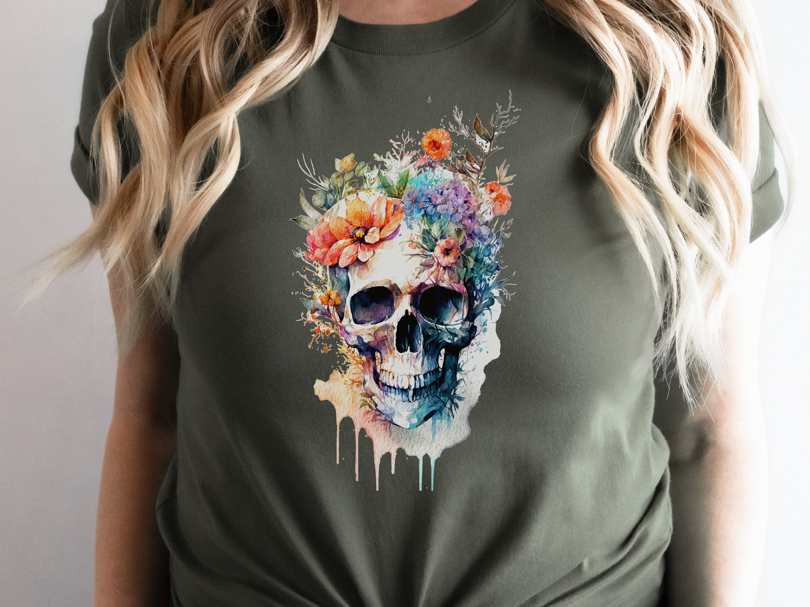 Enchanting Watercolour Skull and Flowers Tee Artistic Gothic Grunge Gift Bohemian Style Unique Nature Shirt Painted Flower T-Shirt Floral - View 7