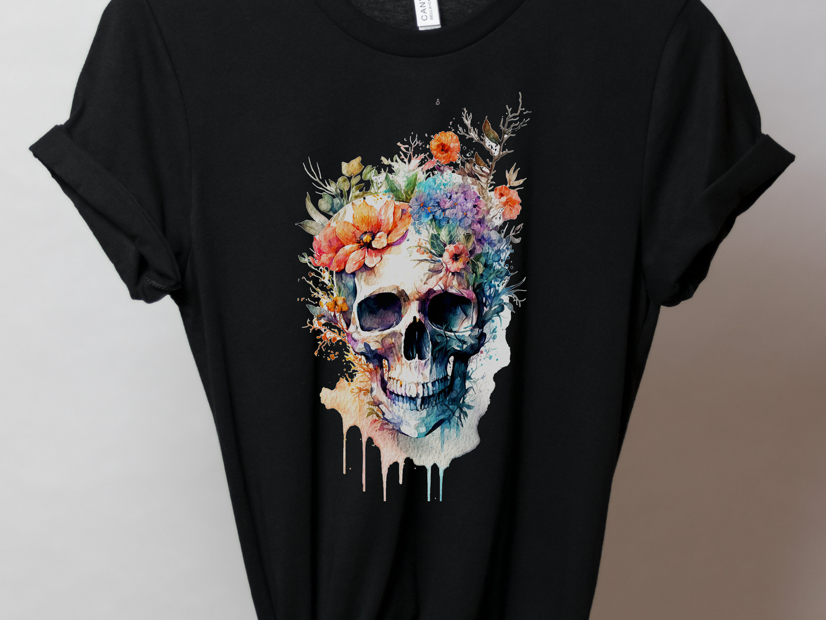 Enchanting Watercolour Skull and Flowers Tee Artistic Gothic Grunge Gift Bohemian Style Unique Nature Shirt Painted Flower T-Shirt Floral - View 5