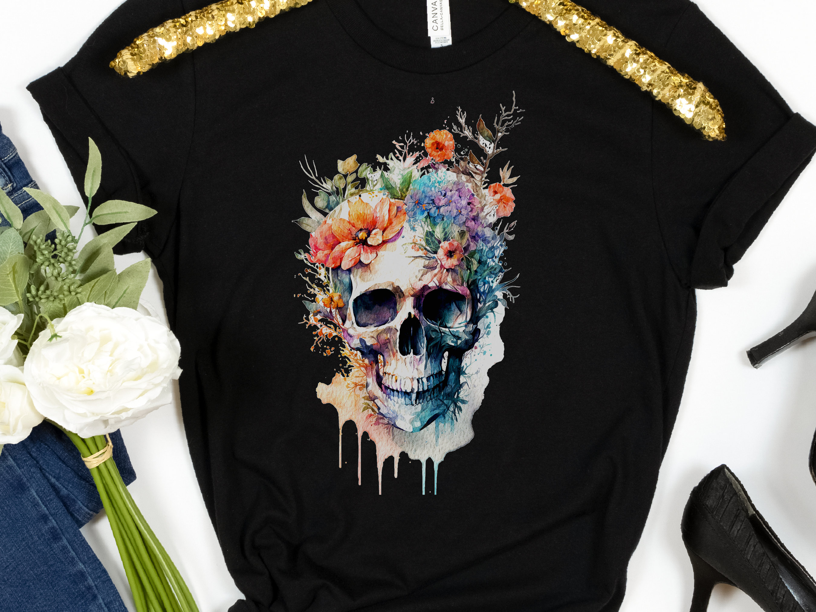 Enchanting Watercolour Skull and Flowers Tee Artistic Gothic Grunge Gift Bohemian Style Unique Nature Shirt Painted Flower T-Shirt Floral - View 9