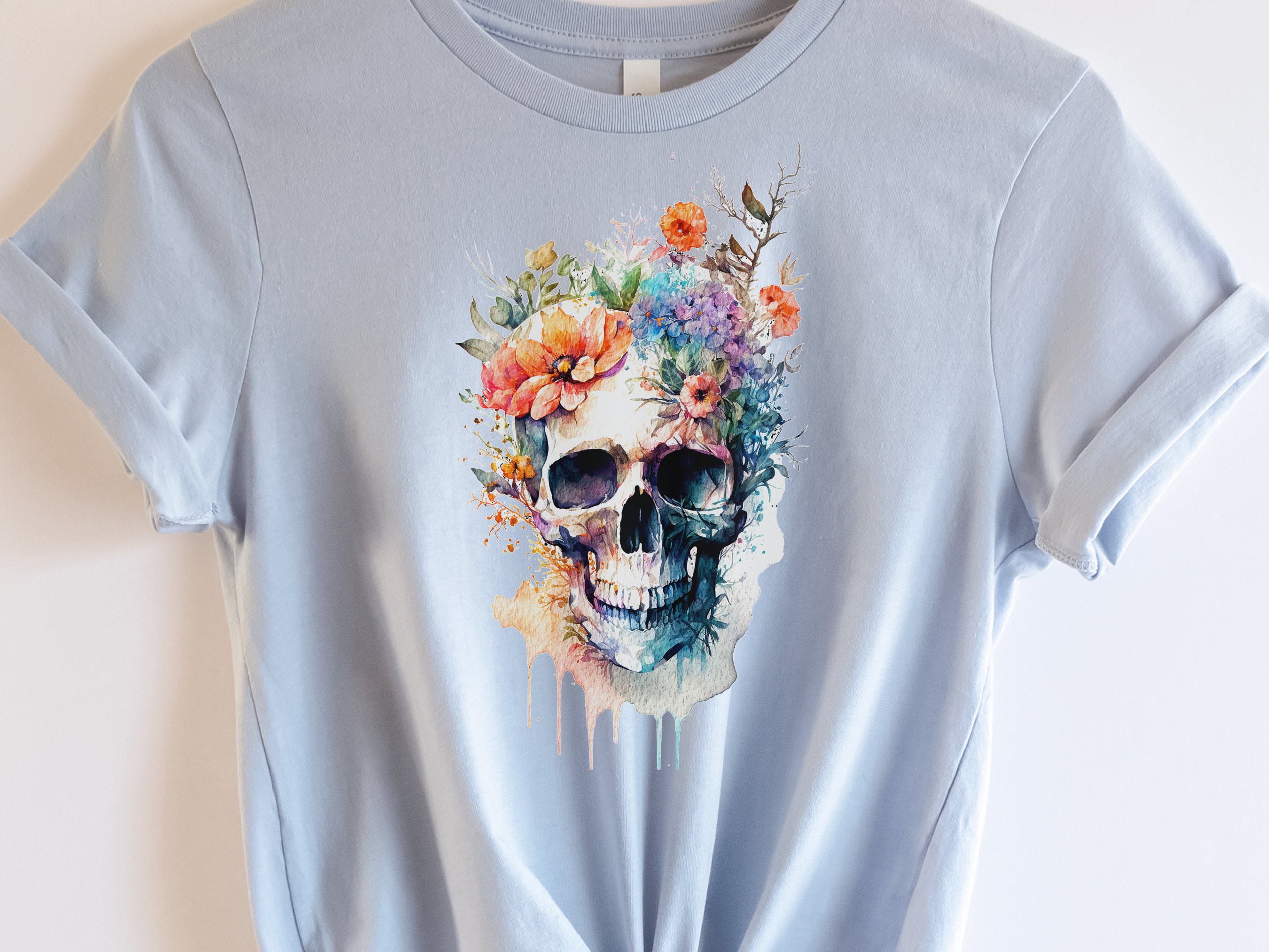 Enchanting Watercolour Skull and Flowers Tee Artistic Gothic Grunge Gift Bohemian Style Unique Nature Shirt Painted Flower T-Shirt Floral - View 3